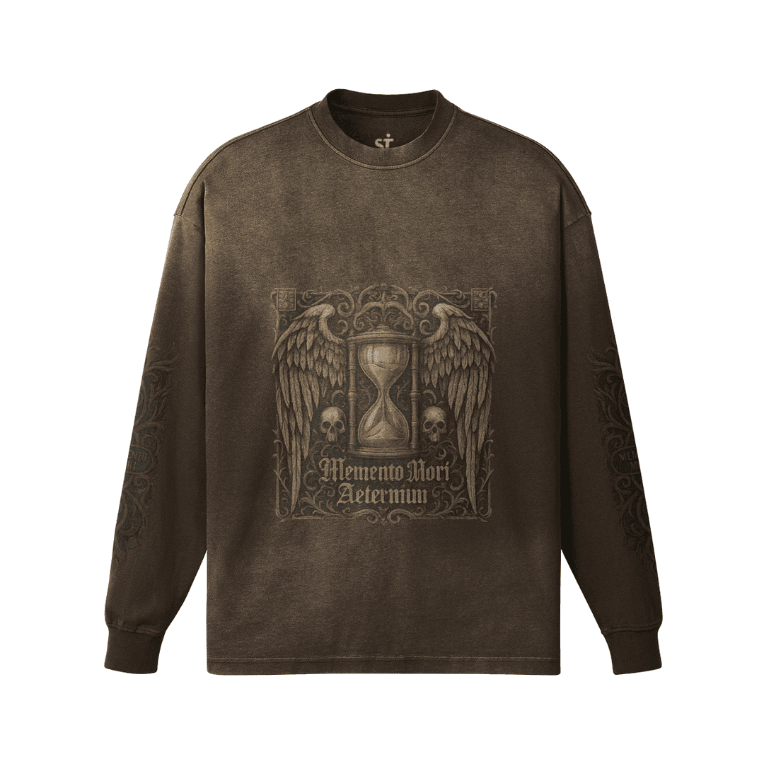 Aeterna Filigree graphic crewneck sweatshirt front view in washed brown with hourglass wing print