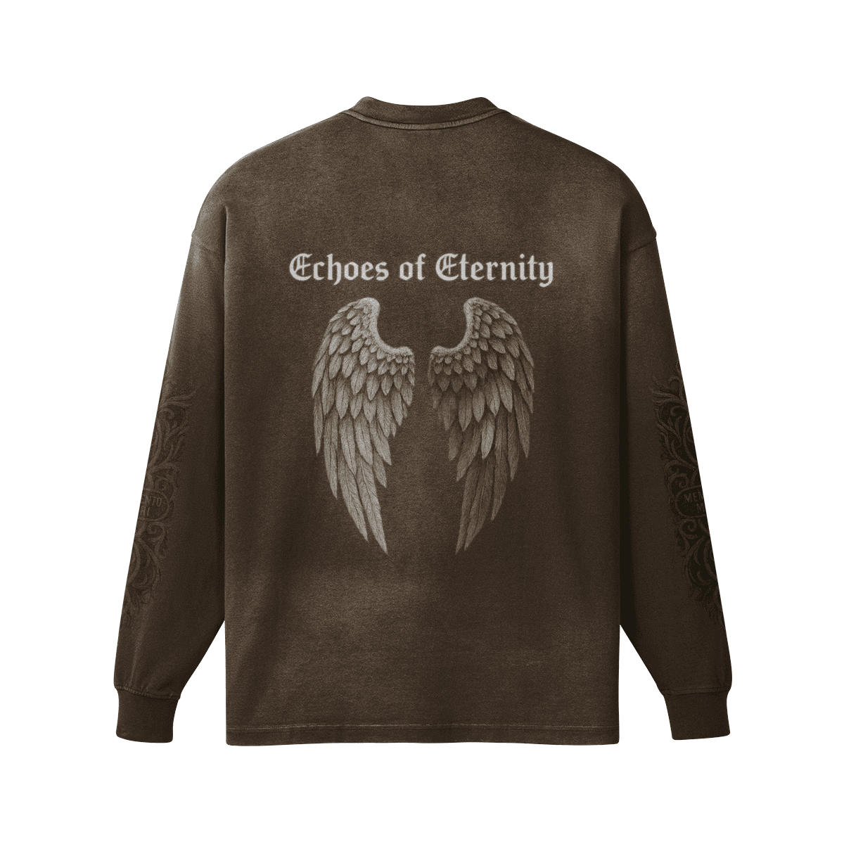 Aeterna Filigree graphic crewneck sweatshirt back view in washed brown with wing back print