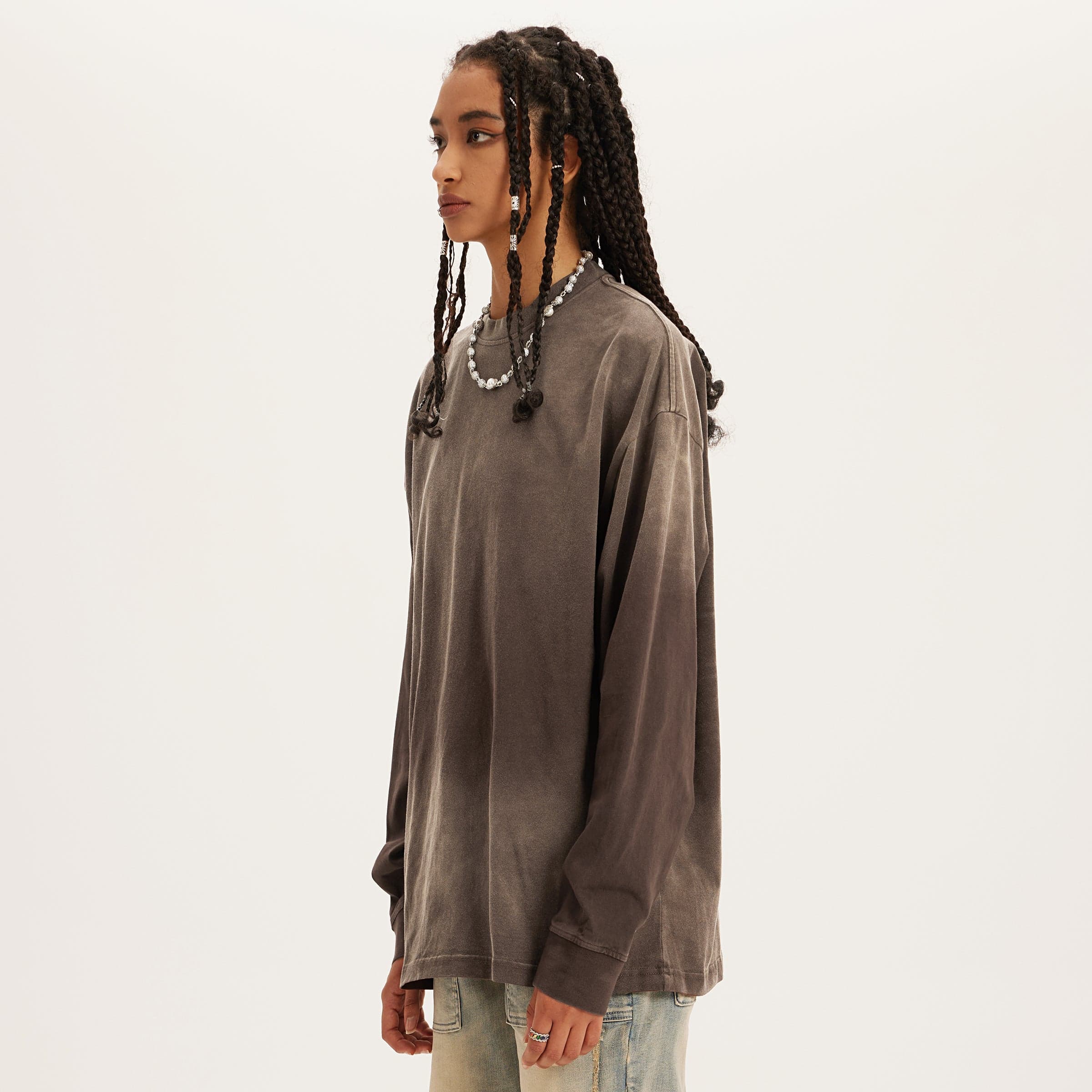 Aeterna Filigree graphic crewneck sweatshirt female model side fit view in washed brown