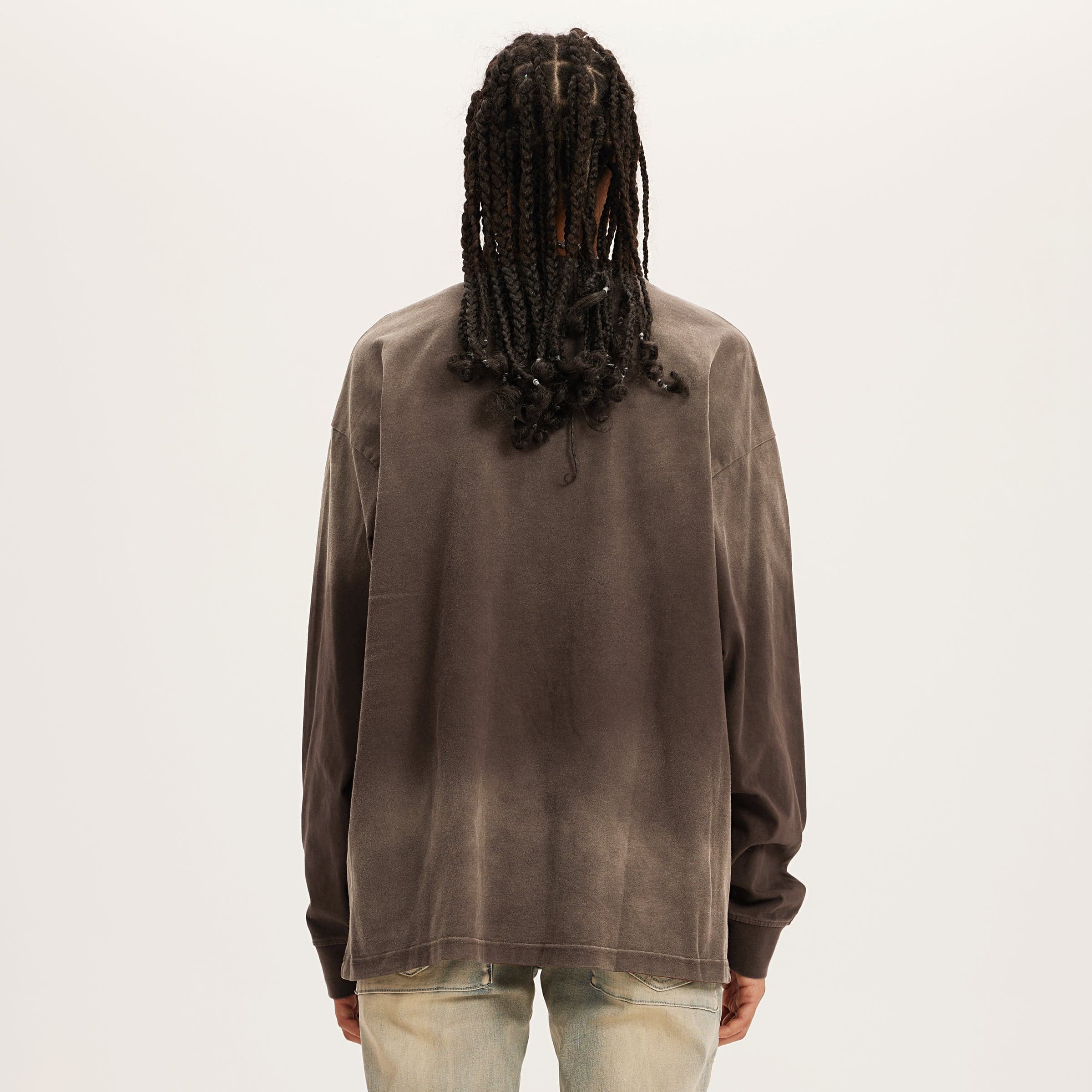 Aeterna Filigree graphic crewneck sweatshirt female model back fit view in washed brown