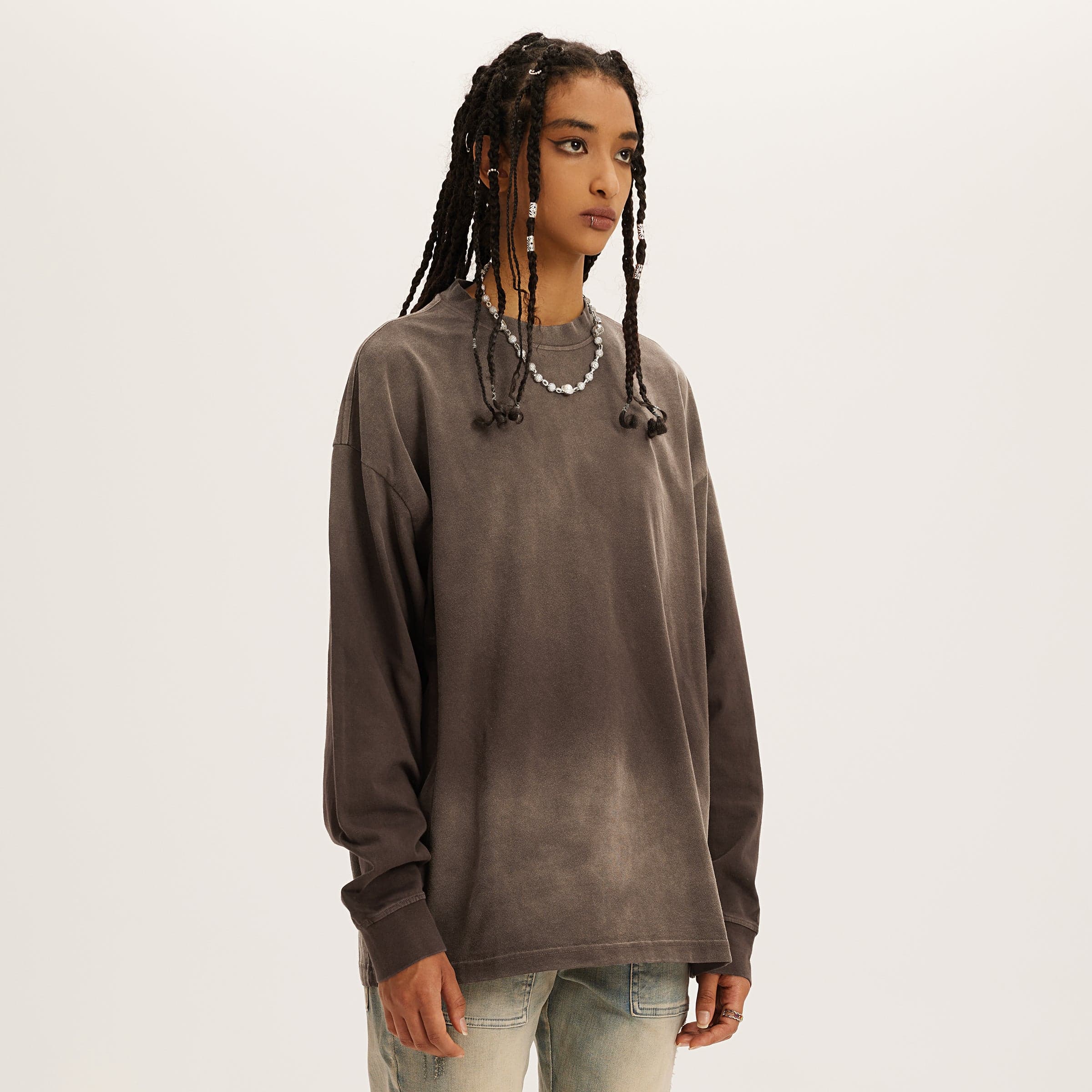 Aeterna Filigree graphic crewneck sweatshirt female model front fit view in washed brown