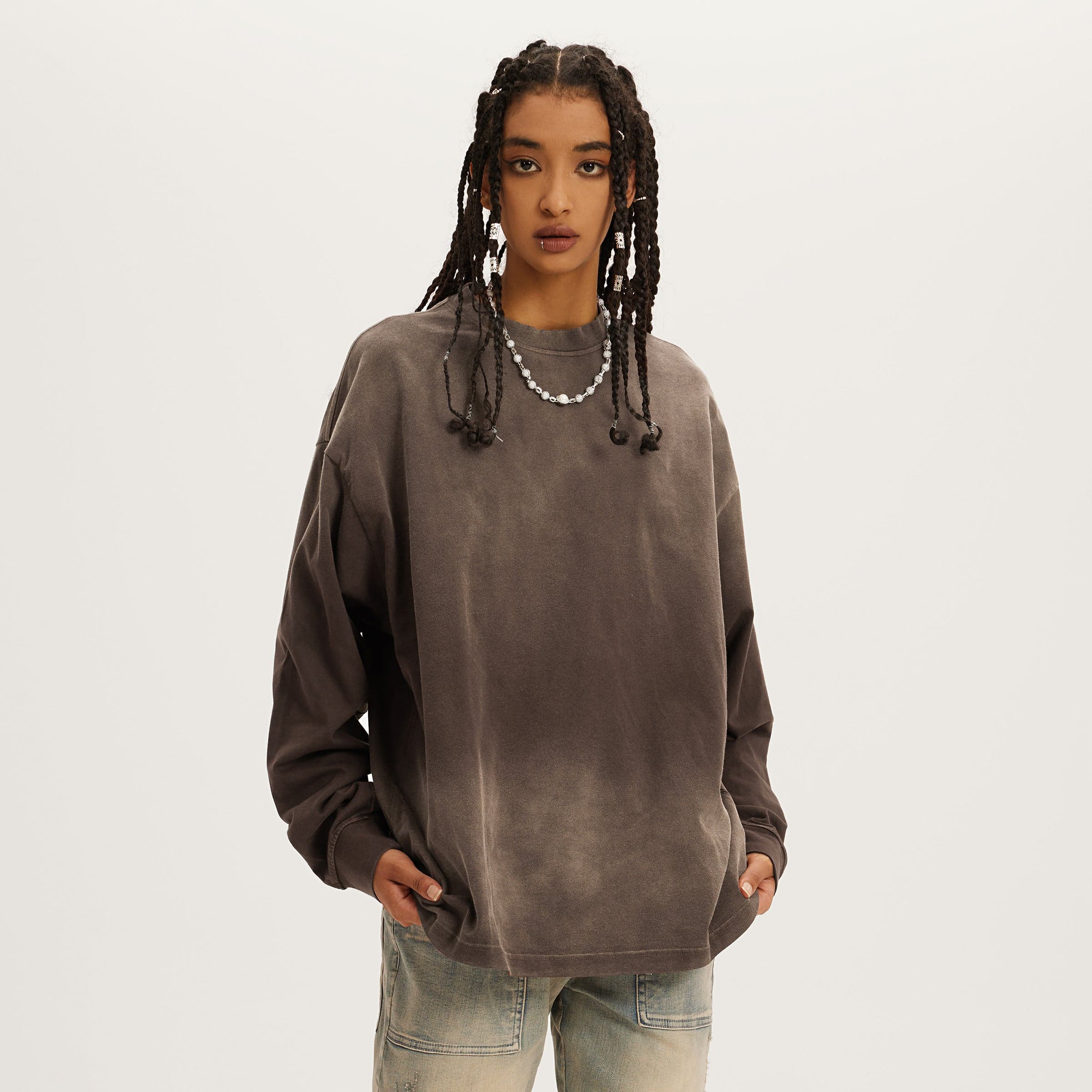 Aeterna Filigree graphic crewneck sweatshirt female model front fit view in washed brown