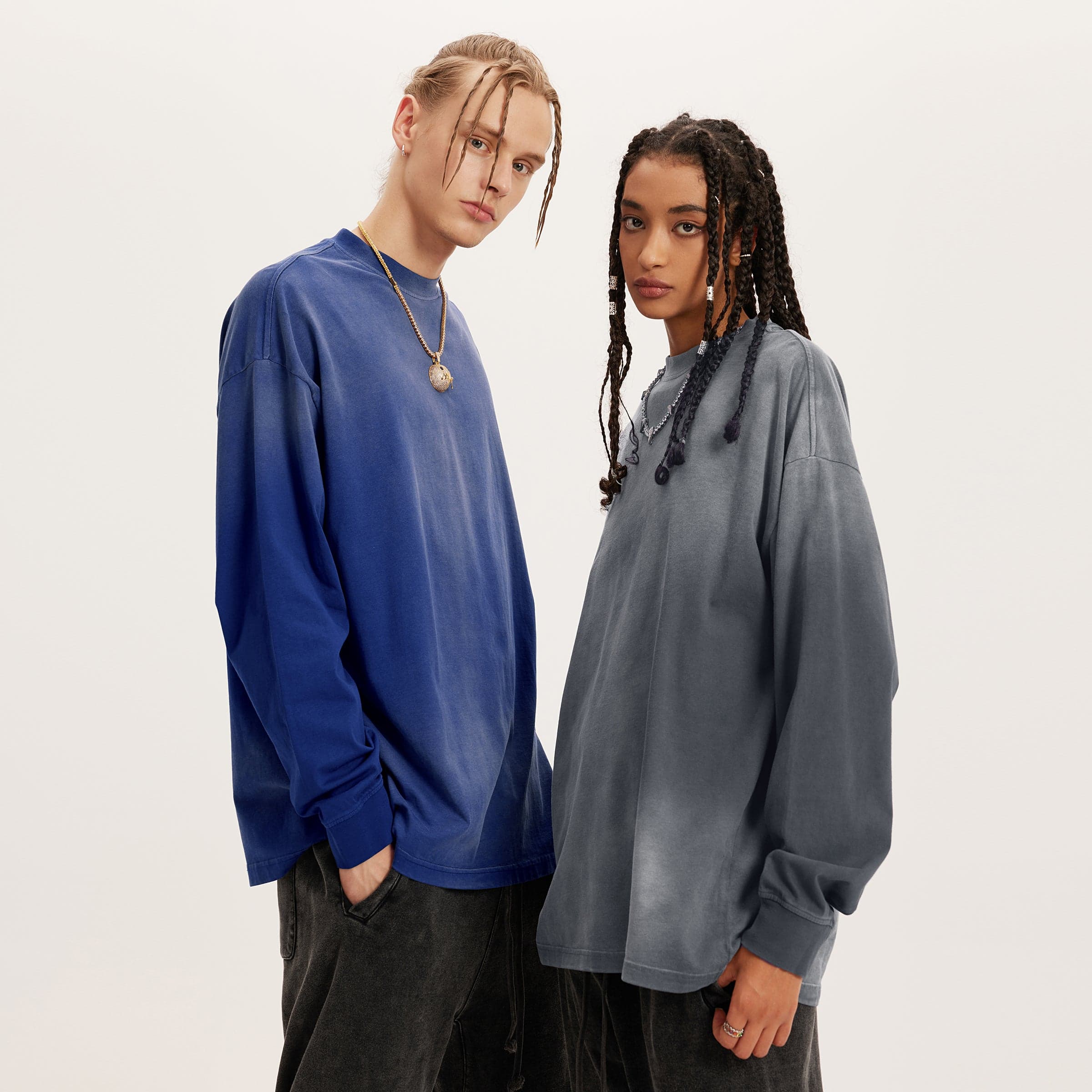 Aeterna Filigree media image showing blue and brown crewneck sweatshirts on two models