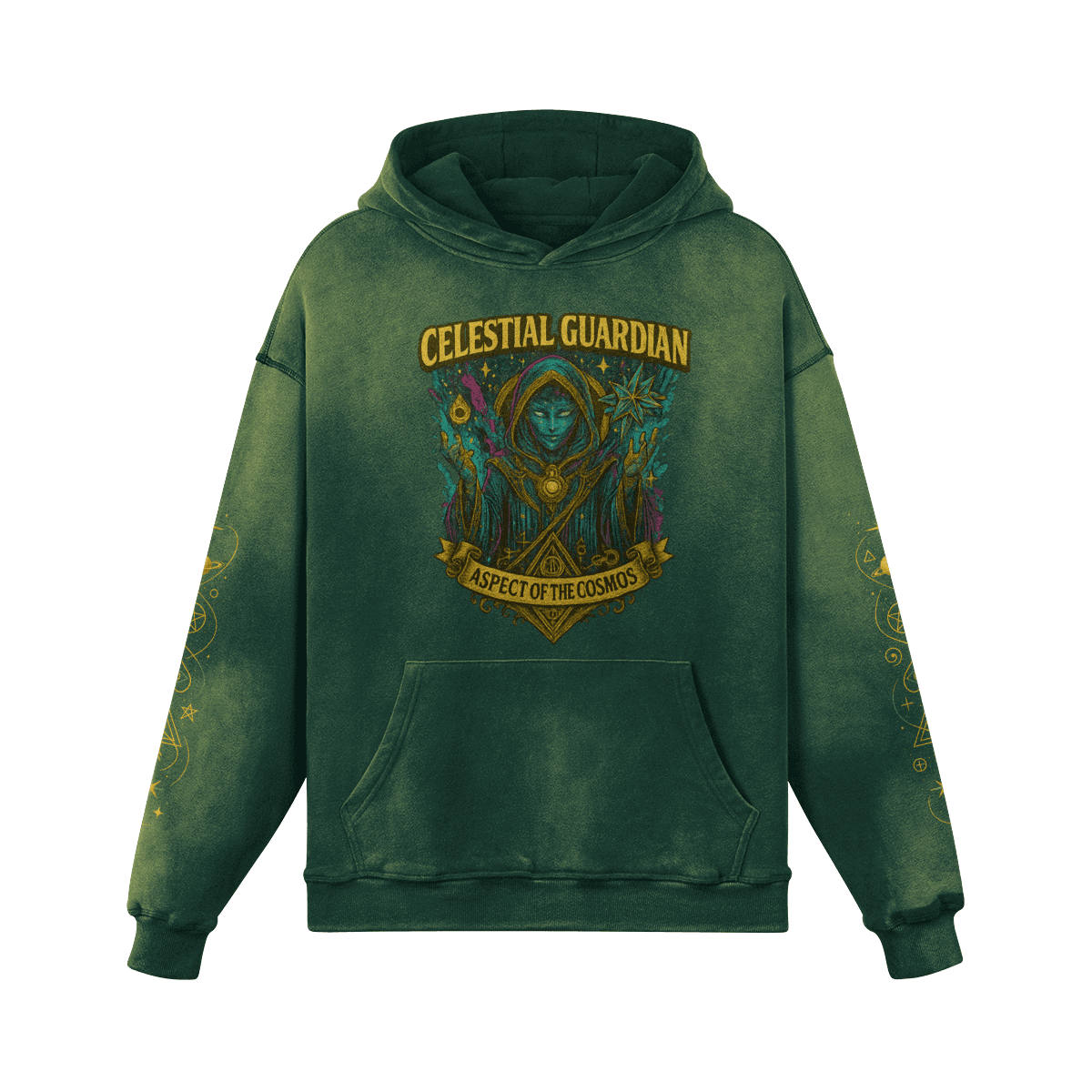 Aether Rune oversized graphic hoodie front view in washed green with celestial guardian DTG print