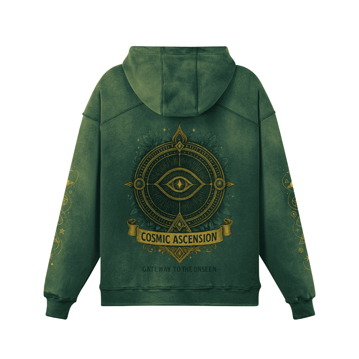 Aether Rune oversized graphic hoodie back view in washed green with cosmic ascension DTG print