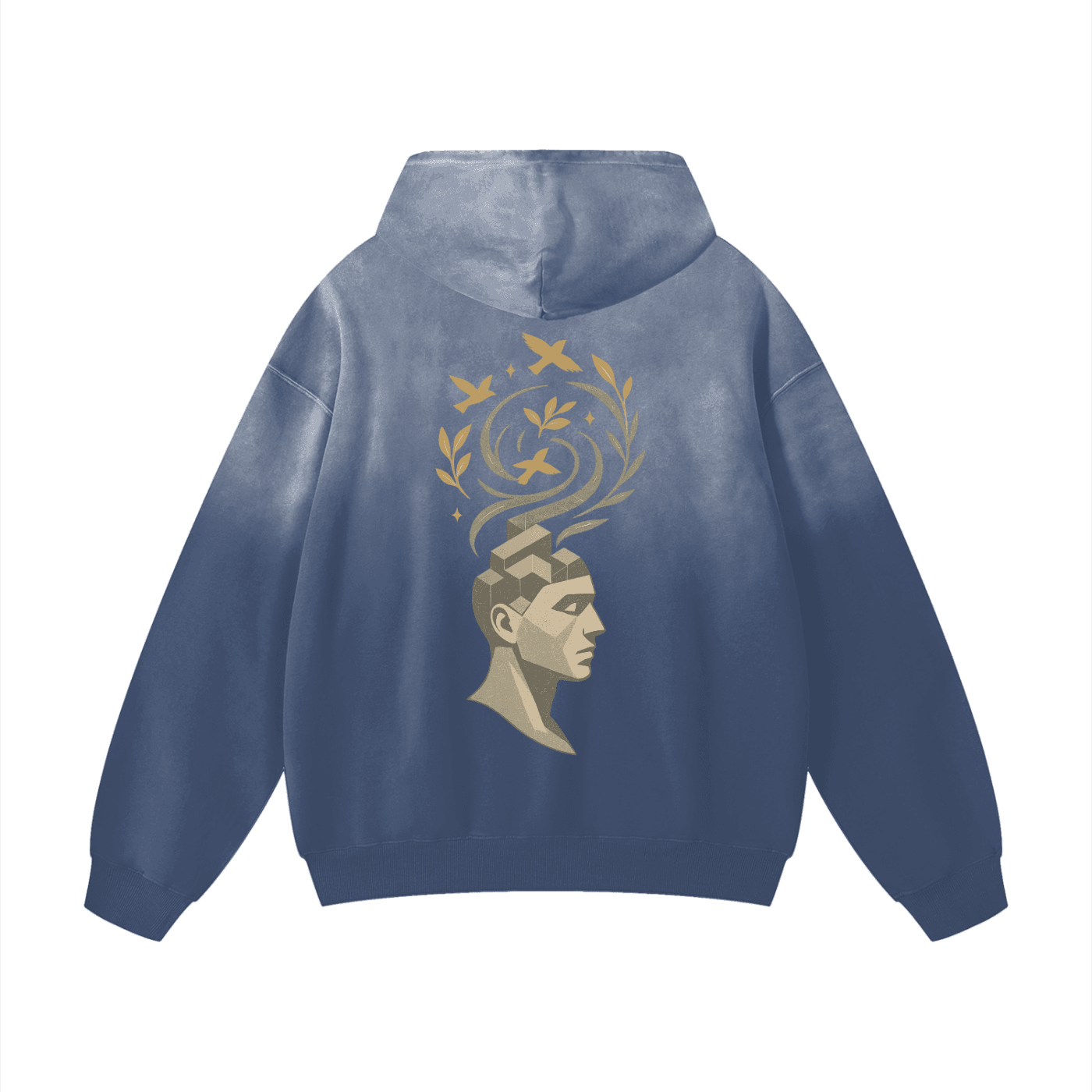 Vision Bloom abstract art graphic on back of gray blue hoodie: a symbol of blooming mind and tranquil rebellion.