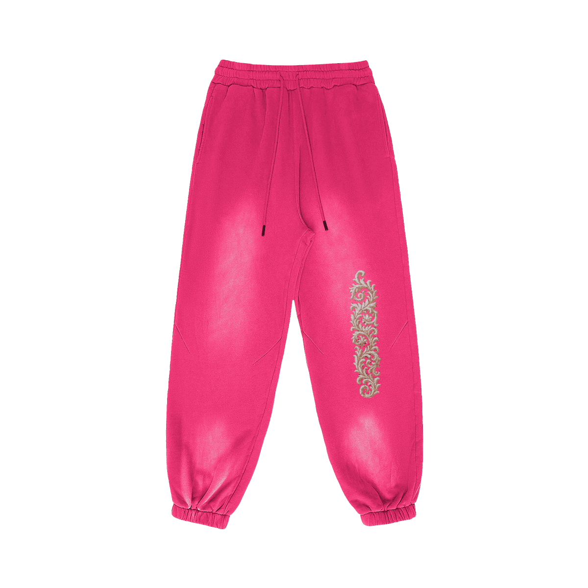 Akant Noir embroidered sweatpants front view in washed pink with full leg embroidery