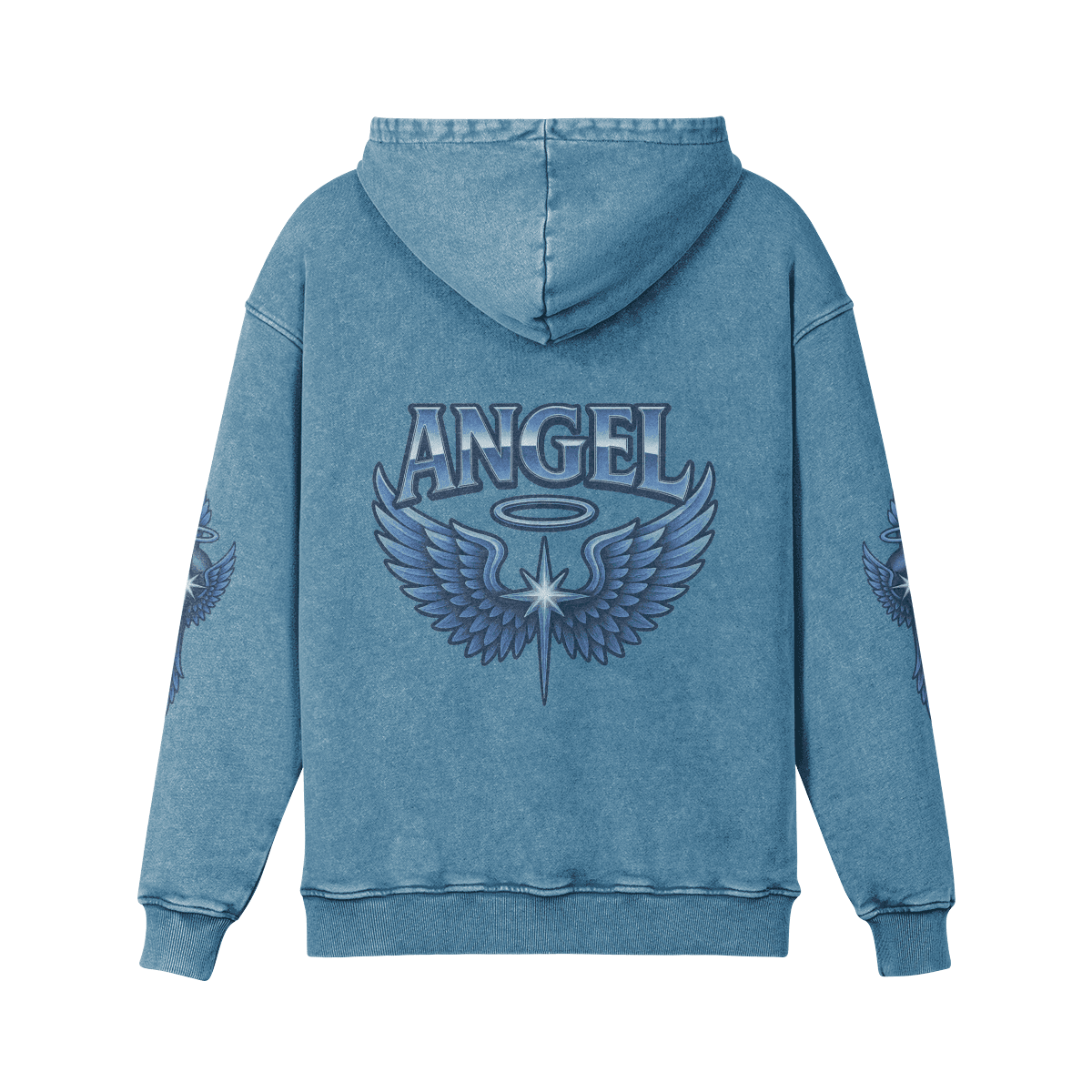 angel oversized graphic hoodie back view in washed blue with wing graphic