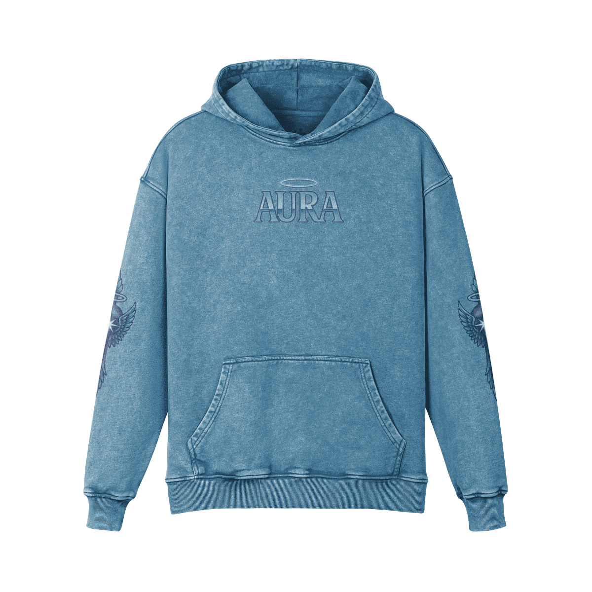 angel oversized graphic hoodie front view in washed blue with aura chest print