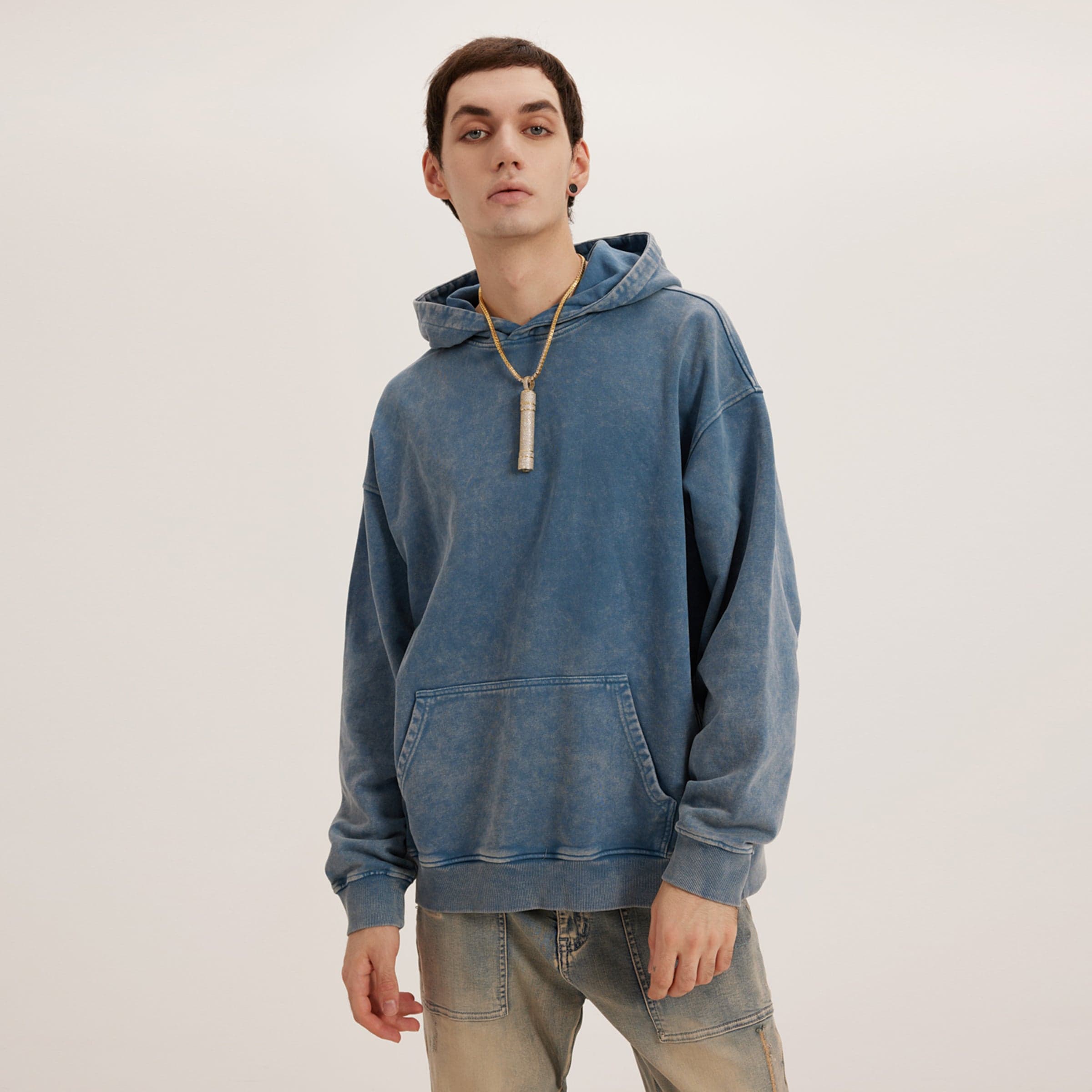 male model wearing angel oversized graphic hoodie front fit view