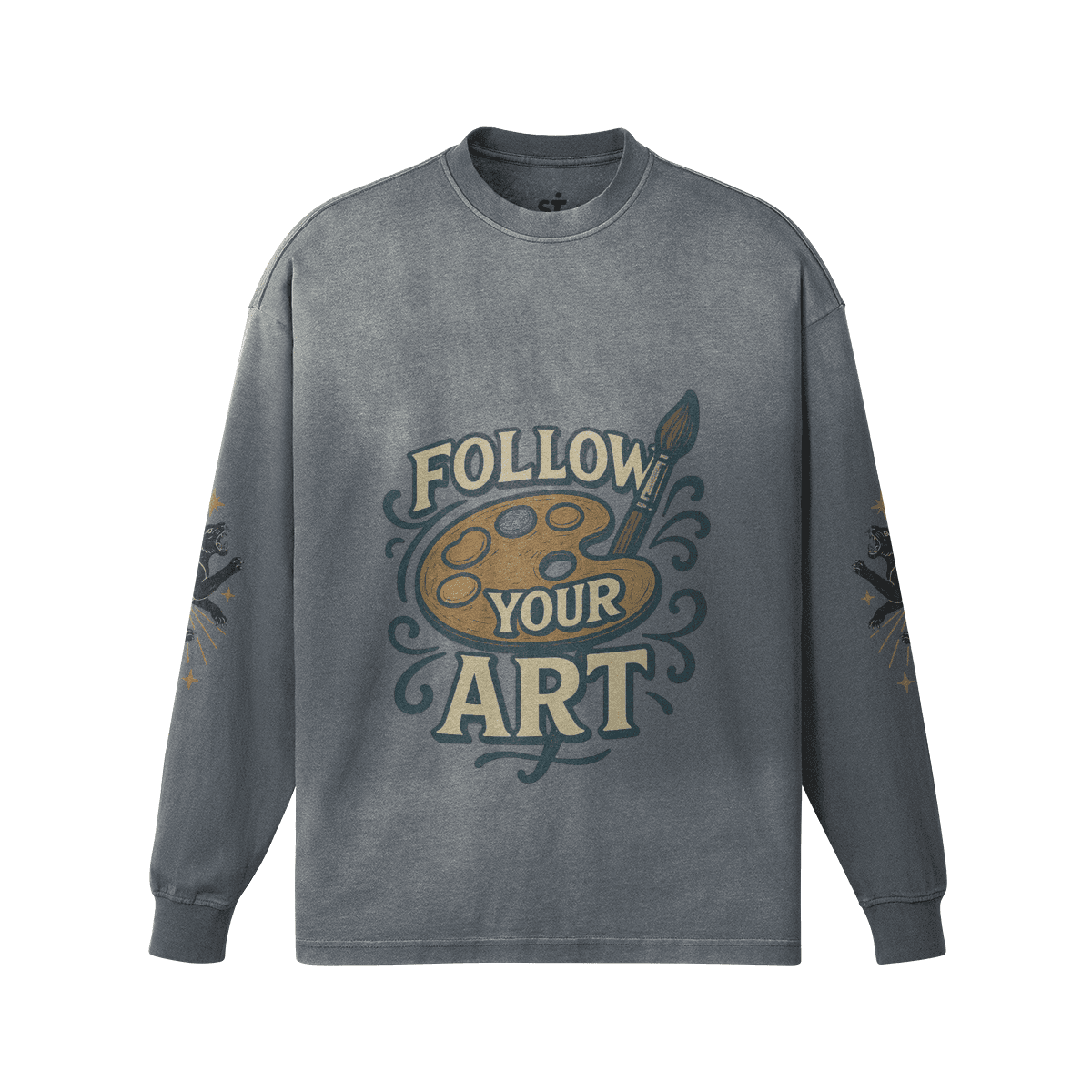 Artflow graphic crewneck sweatshirt front view in washed grey with Follow Your Art print