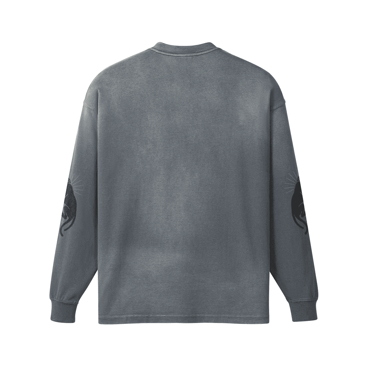 Artflow graphic crewneck sweatshirt back view in washed grey with sleeve artwork
