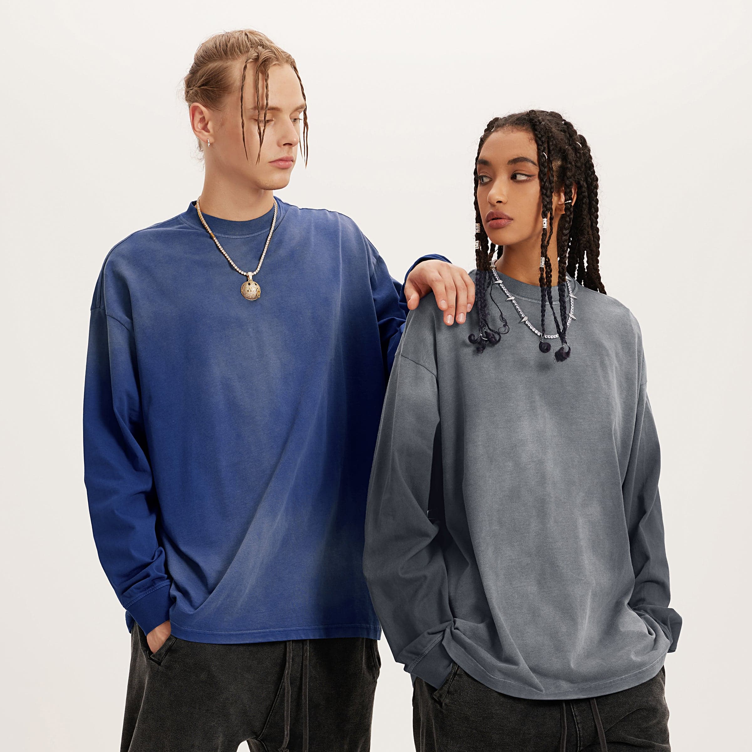 Artflow graphic crewneck sweatshirt fit image with one blue and one grey sweatshirt on two models