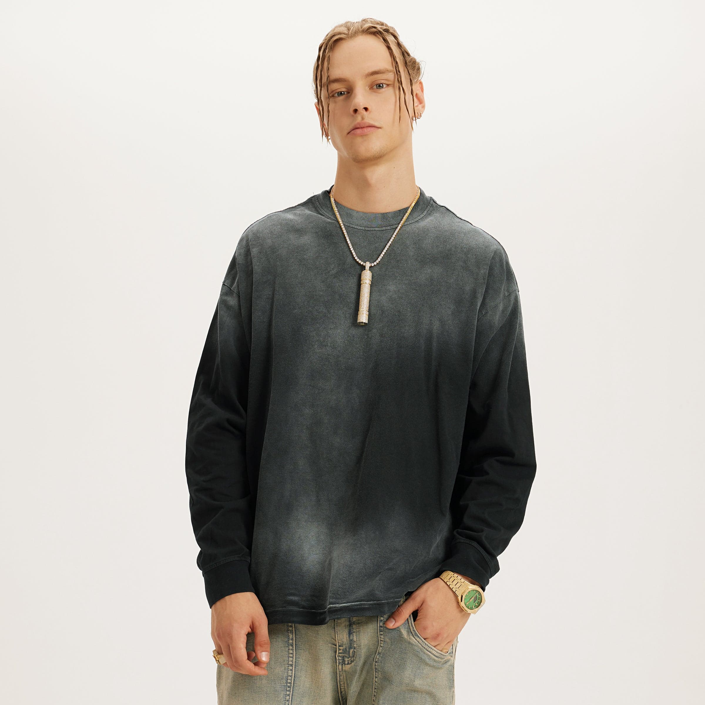 Artflow graphic crewneck sweatshirt male model front fit view in washed grey