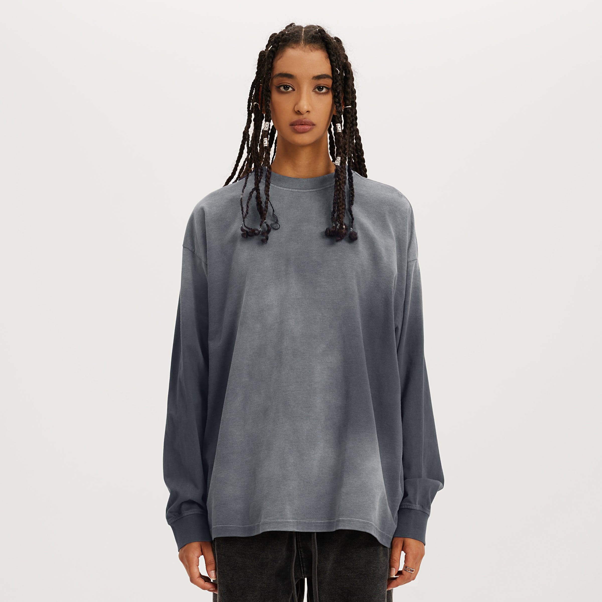 Artflow graphic crewneck sweatshirt female model front fit view in washed grey