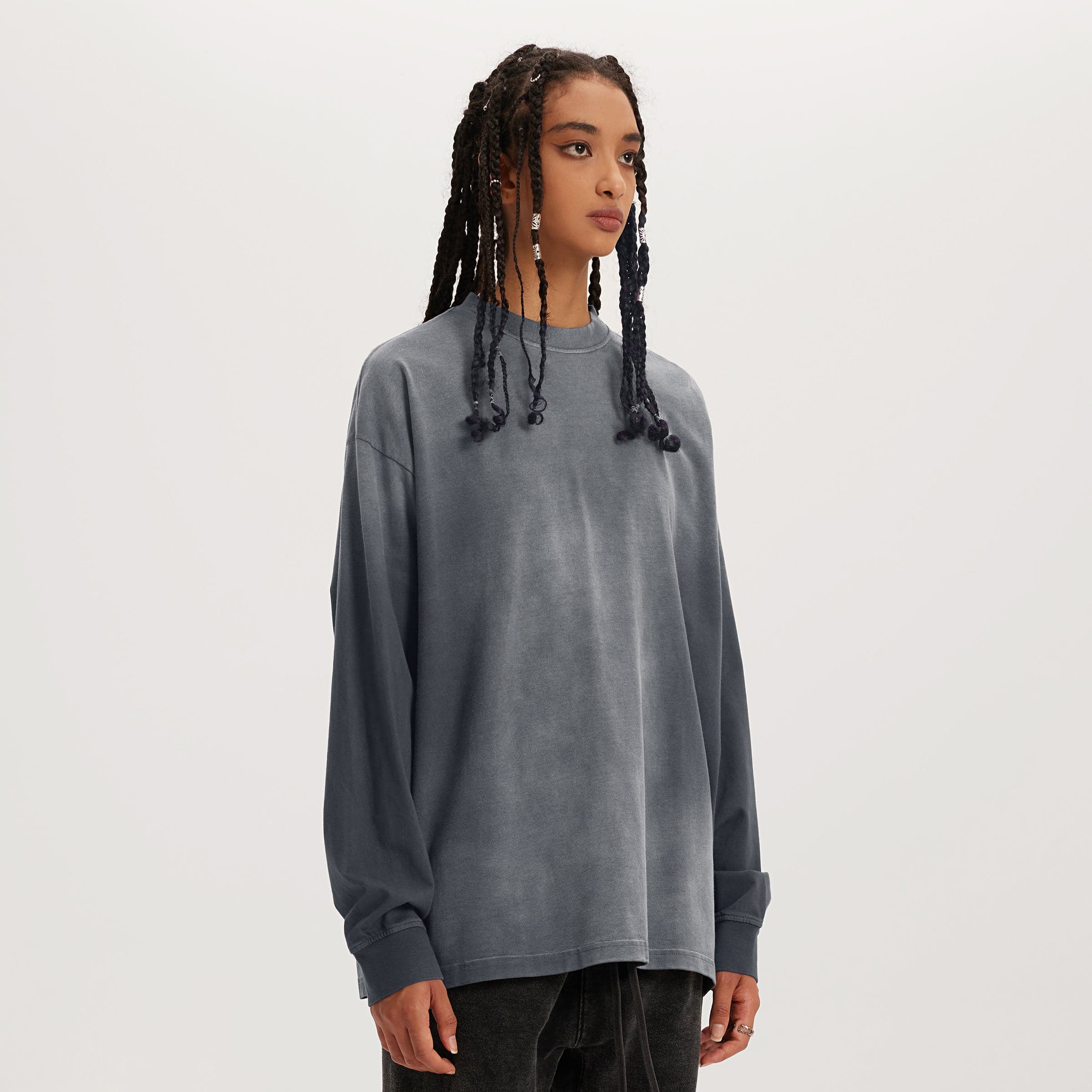 Artflow graphic crewneck sweatshirt female model angled front fit view in washed grey