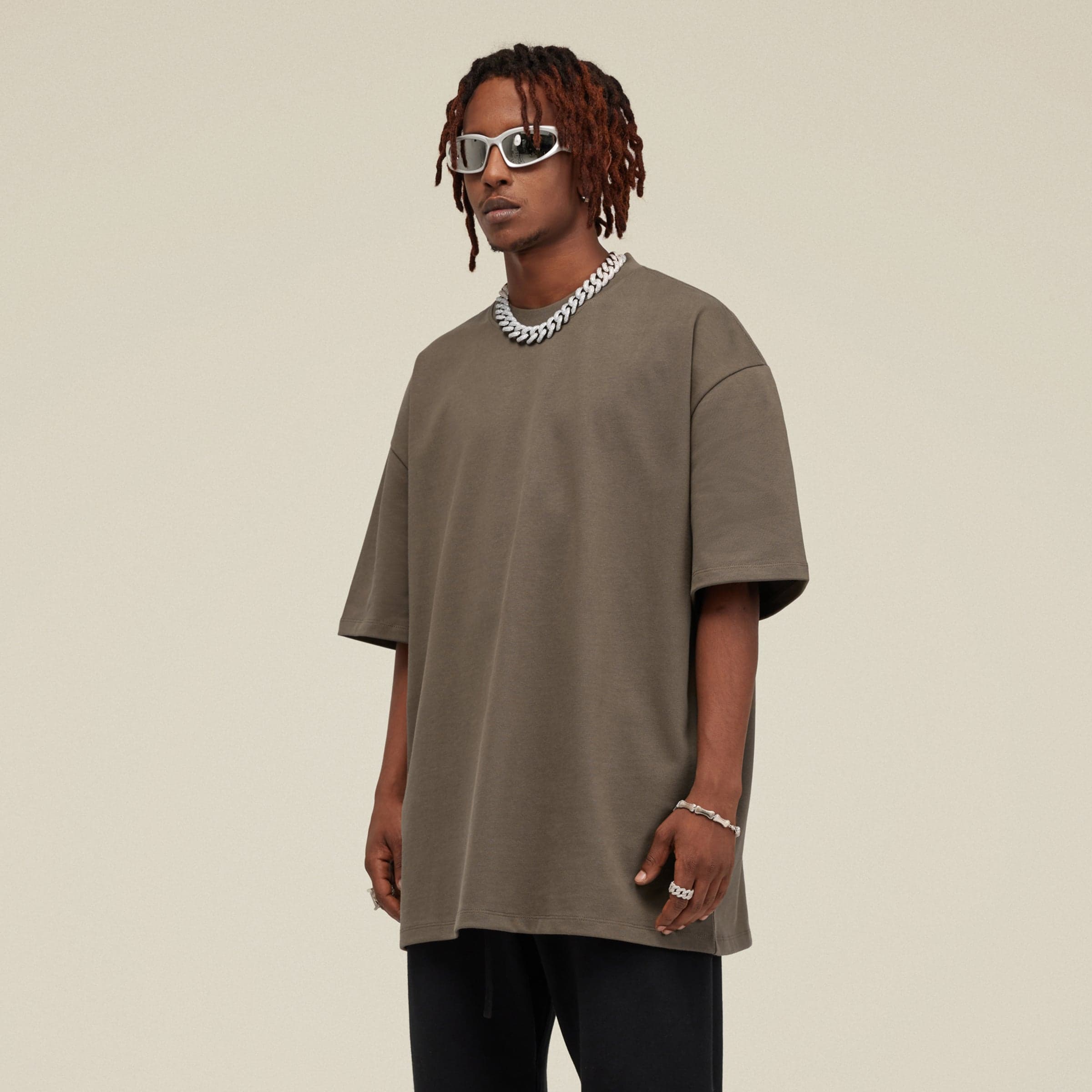 Astra oversized graphic tee for men, pictured from the side.