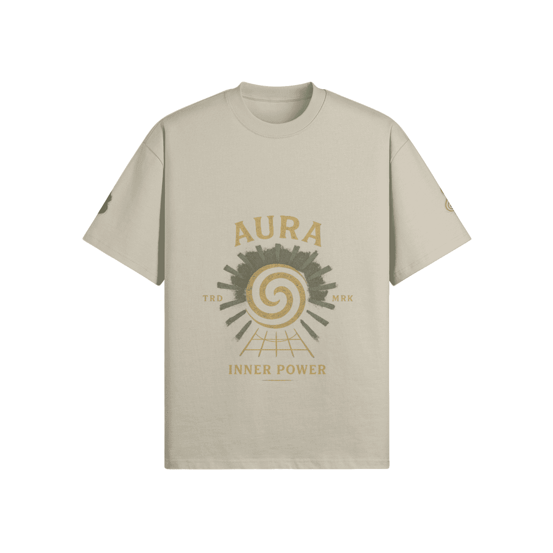 AURA oversized graphic tee front view in ash gray with spiral DTG print