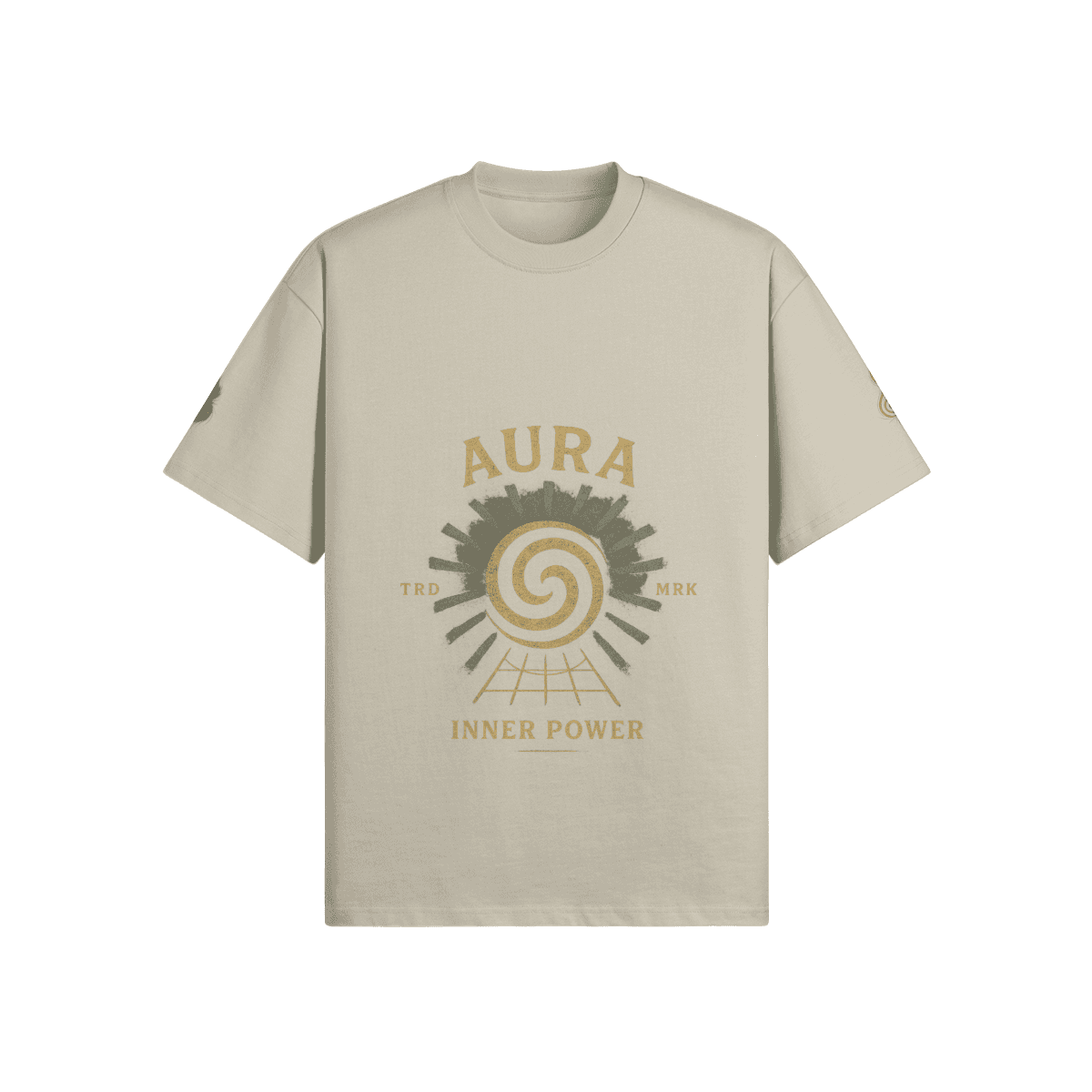 AURA oversized graphic tee front view in ash gray with spiral DTG print