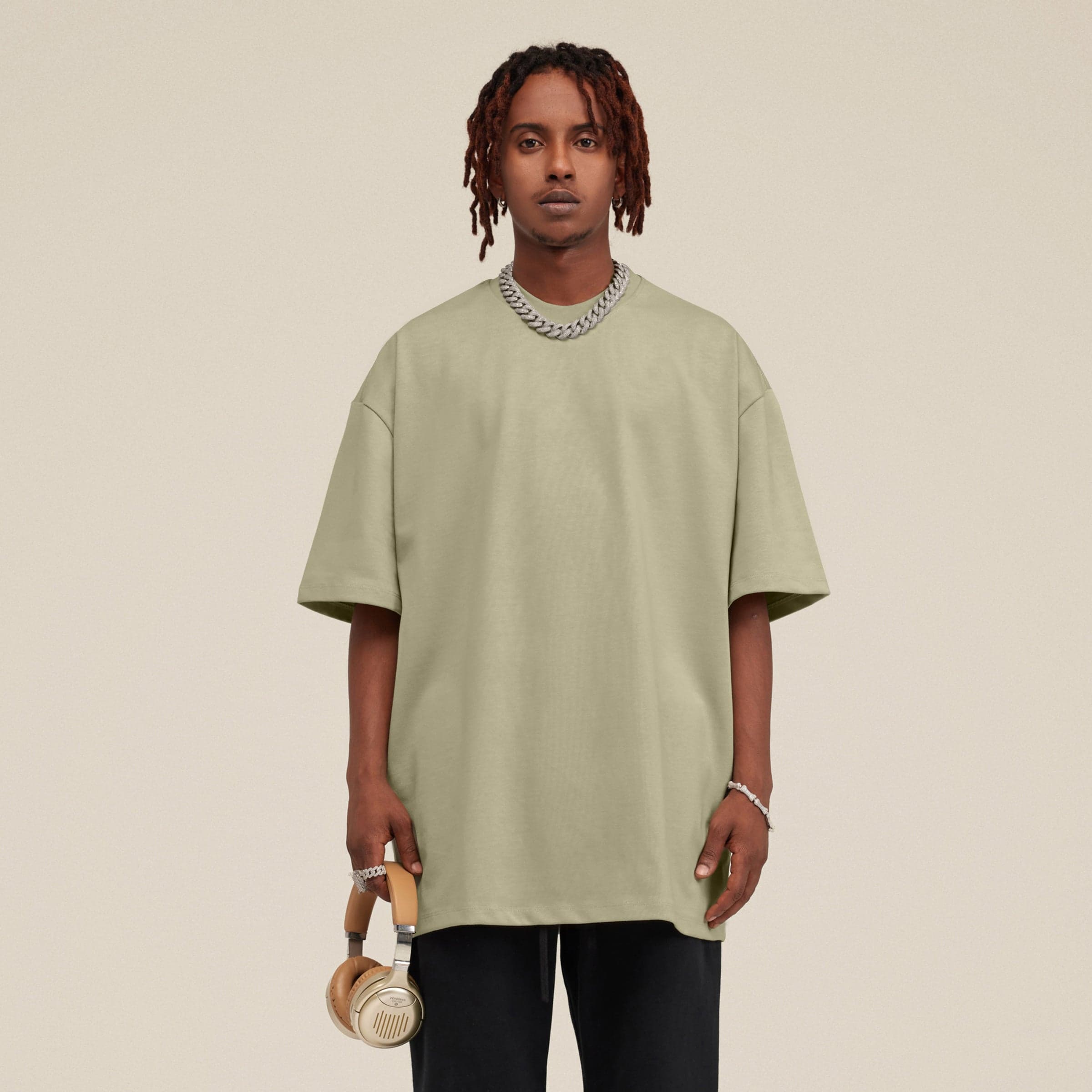 AURA oversized graphic tee male model front fit view
