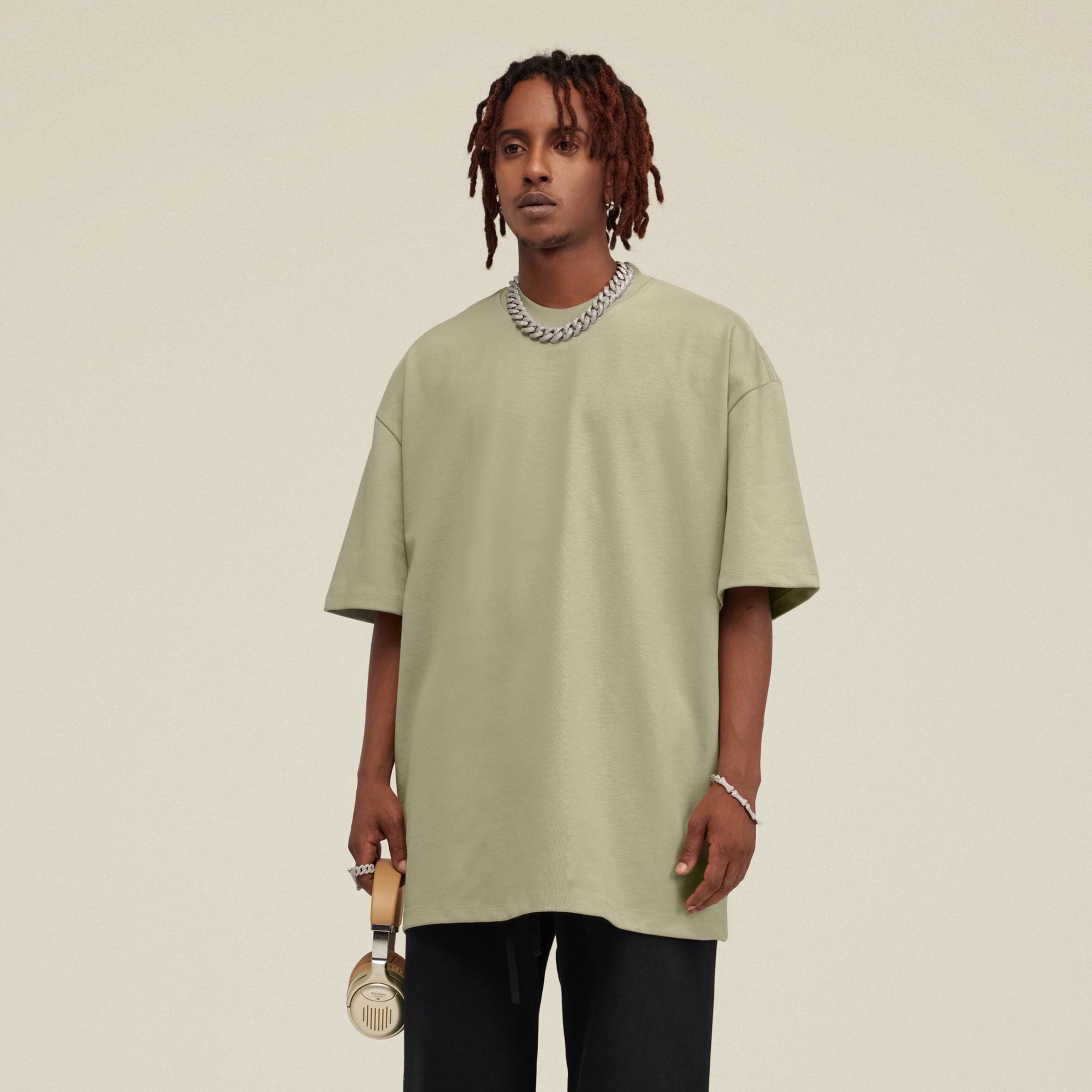 AURA oversized graphic tee male model angled front fit view