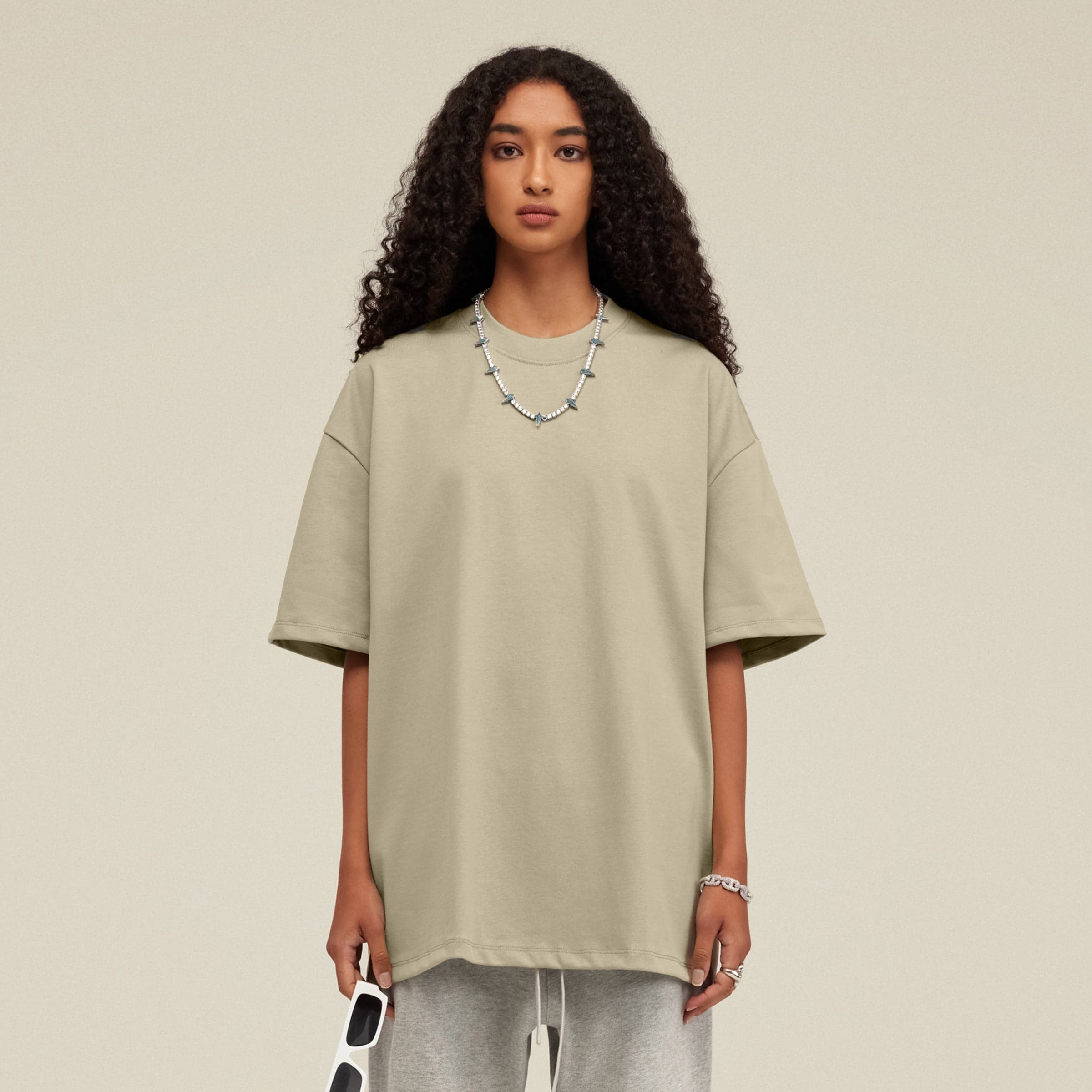 AURA oversized graphic tee female model front fit view