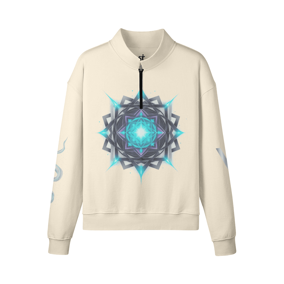 AURACORE graphic half-zip sweatshirt front view in cream with geometric print