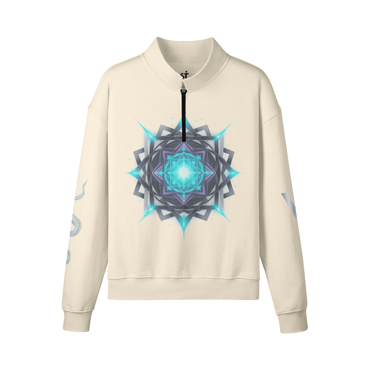 AURACORE graphic half-zip sweatshirt front view in cream with geometric print