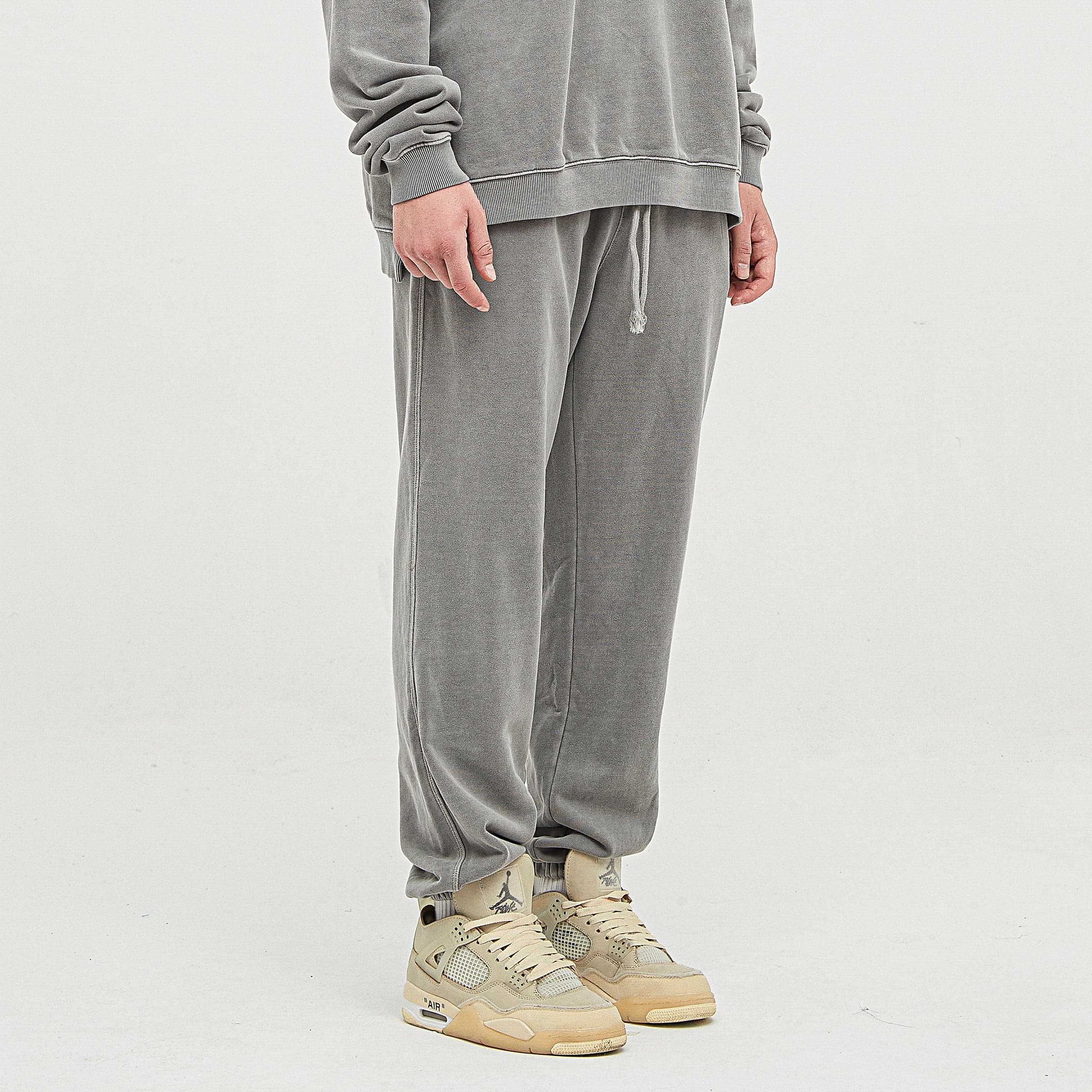 AURIX washed sweatpants side and back fit view on model