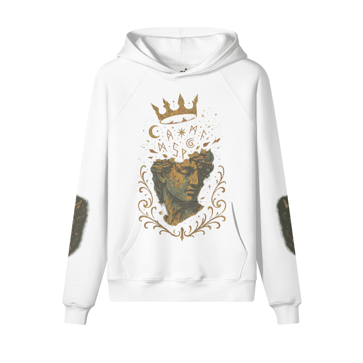Crownfall oversized graphic hoodie front view in white with crown and statue DTG print