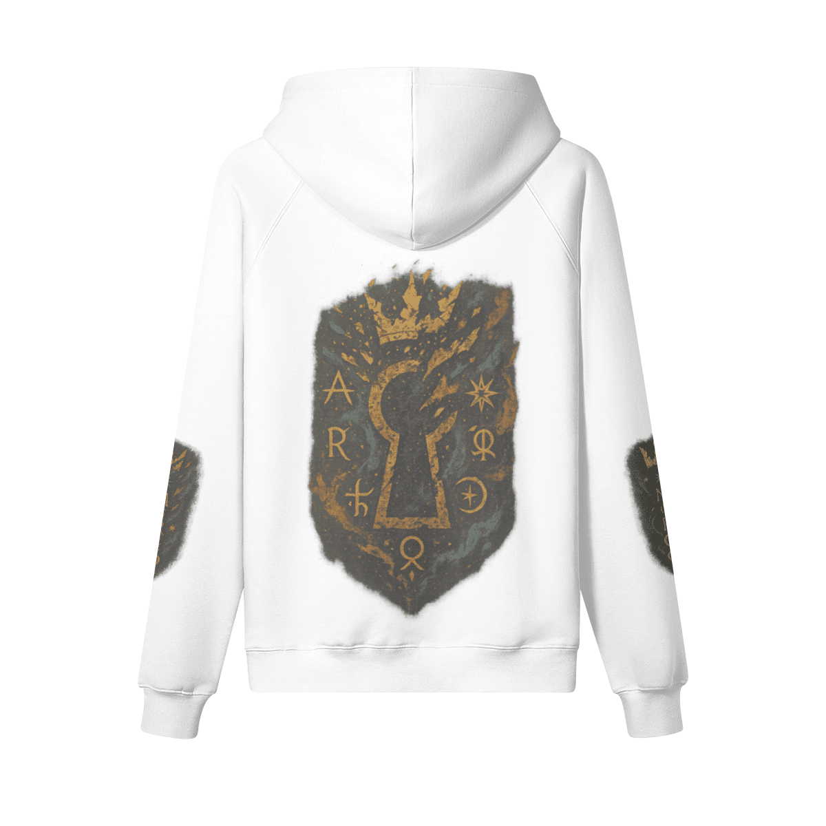 Crownfall oversized graphic hoodie back view in white with keyhole shield DTG print