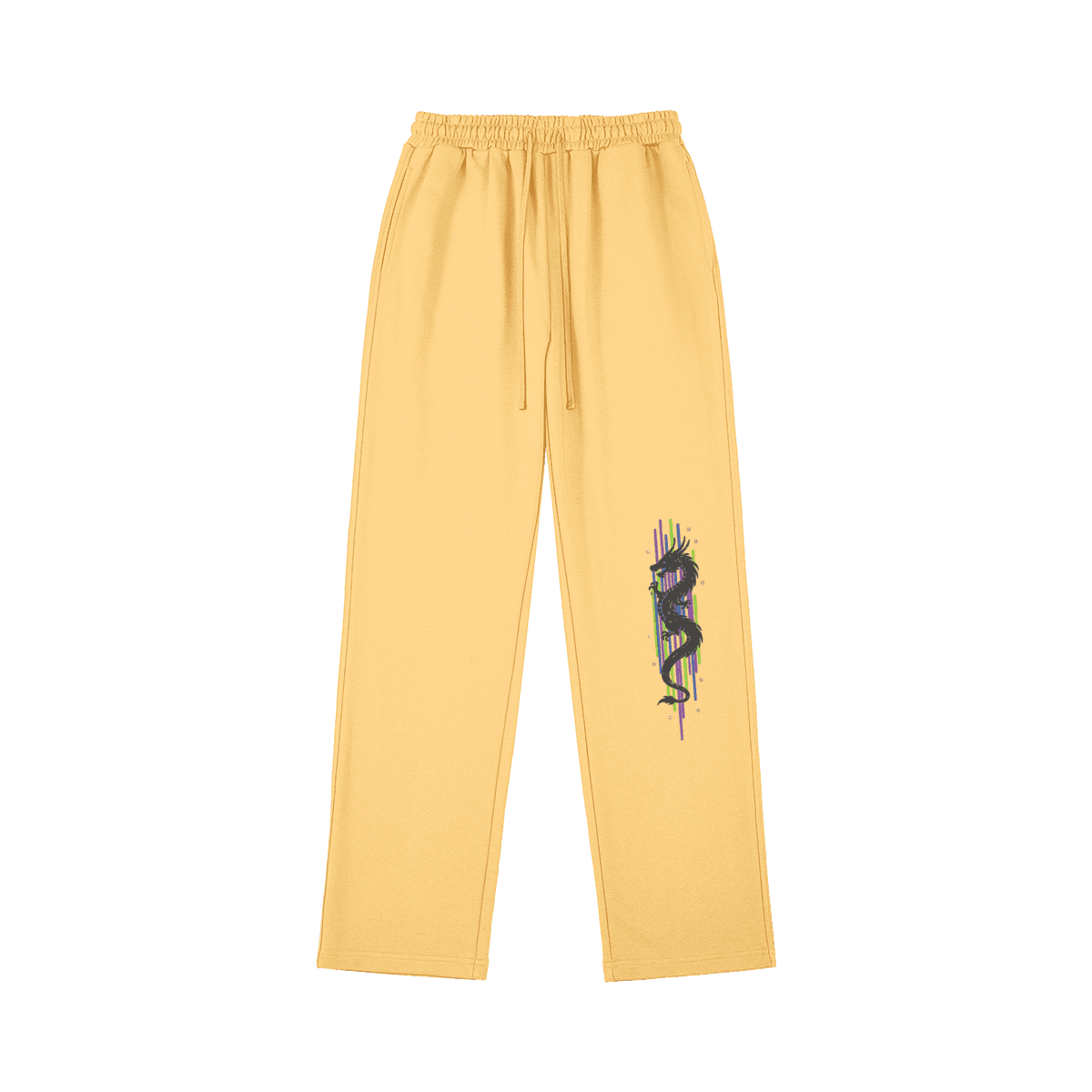 DRGN FLUX embroidered sweatpants front view in yellow with leg embroidery