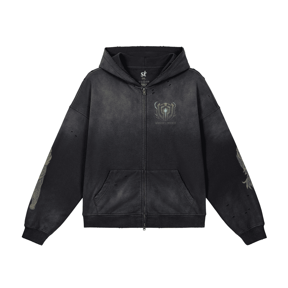 Eternal Wing graphic zip up hoodie front view in washed black with chest print