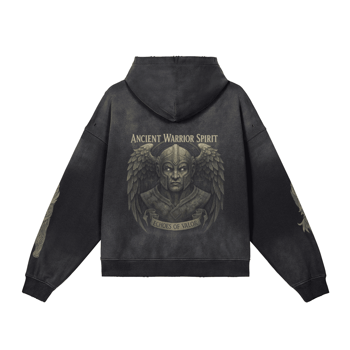 Eternal Wing graphic zip up hoodie back view in washed black with angel back print