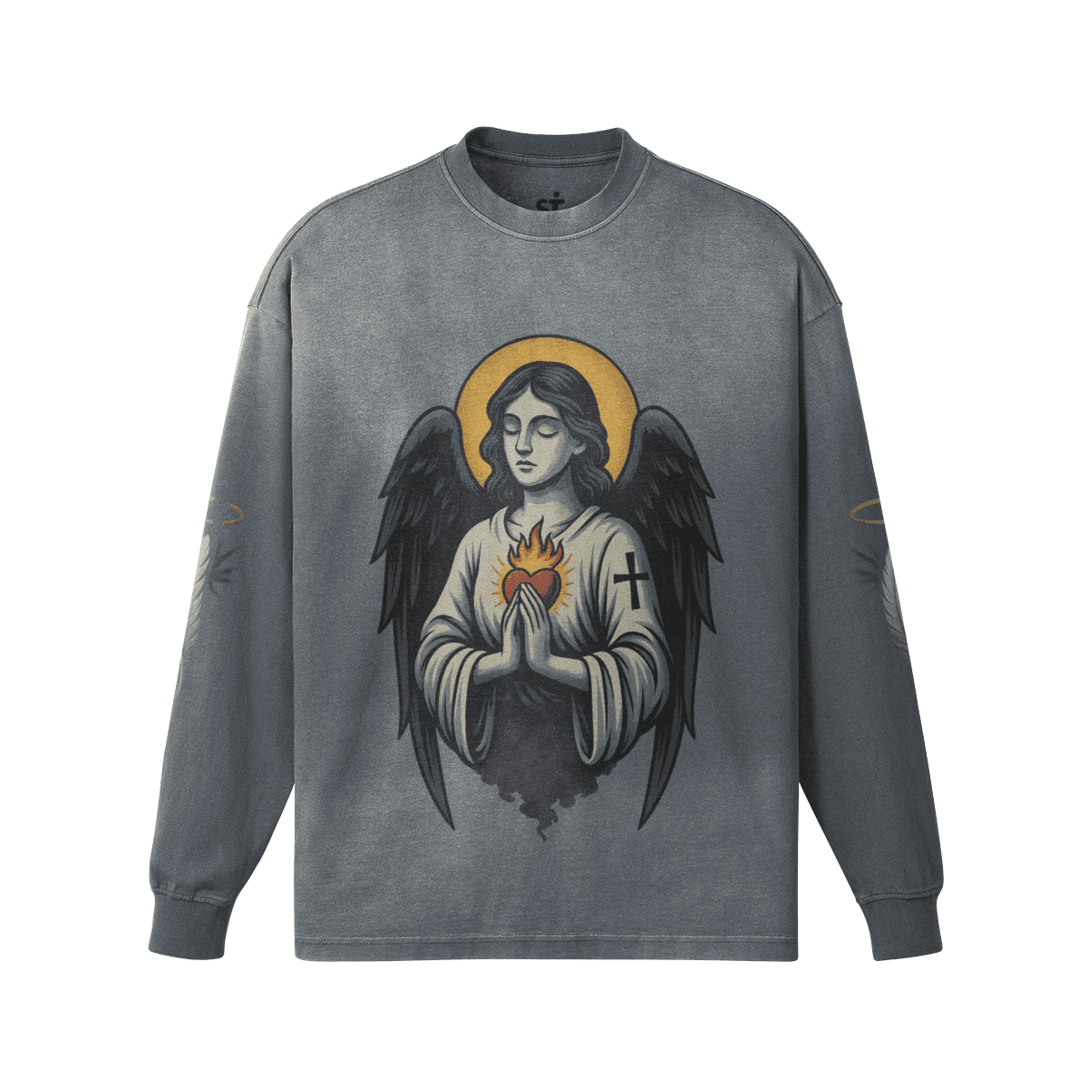 FALLEN GRACE graphic crewneck sweatshirt front view in washed grey with angel print