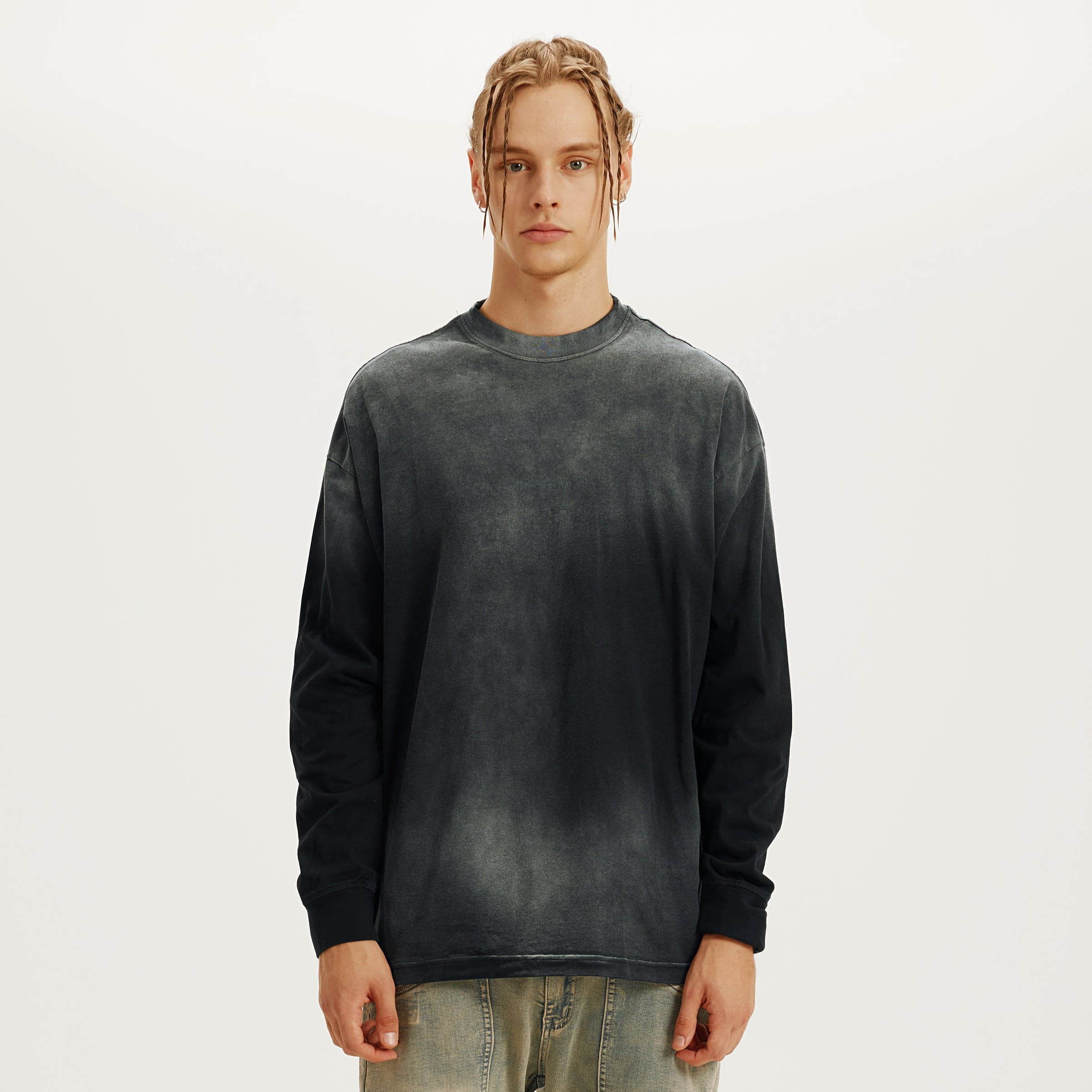 FALLEN GRACE graphic crewneck sweatshirt male model front fit view in washed dark grey