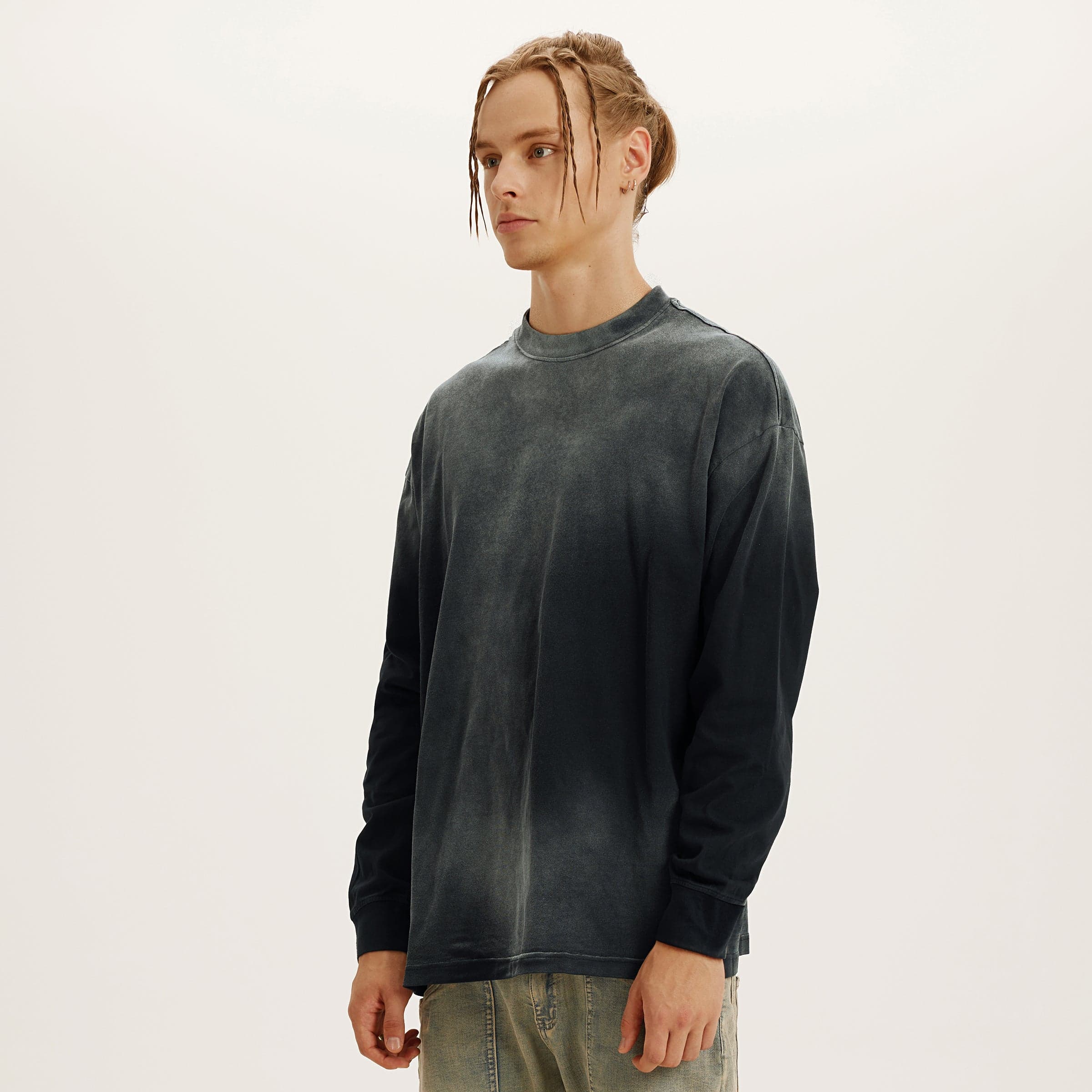 FALLEN GRACE graphic crewneck sweatshirt male model angled front fit view in washed dark grey
