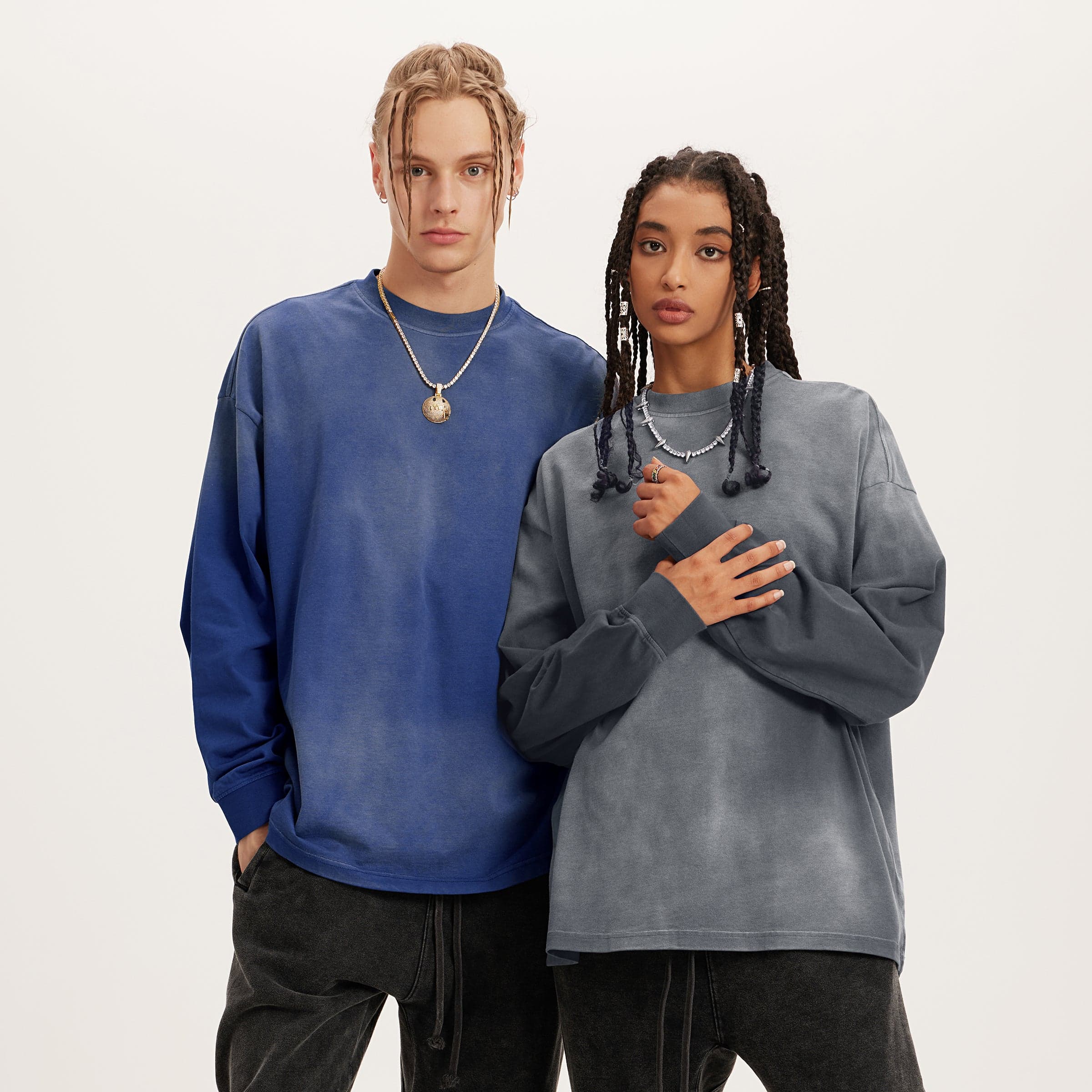 FALLEN GRACE media image showing blue and grey crewneck sweatshirts on two models