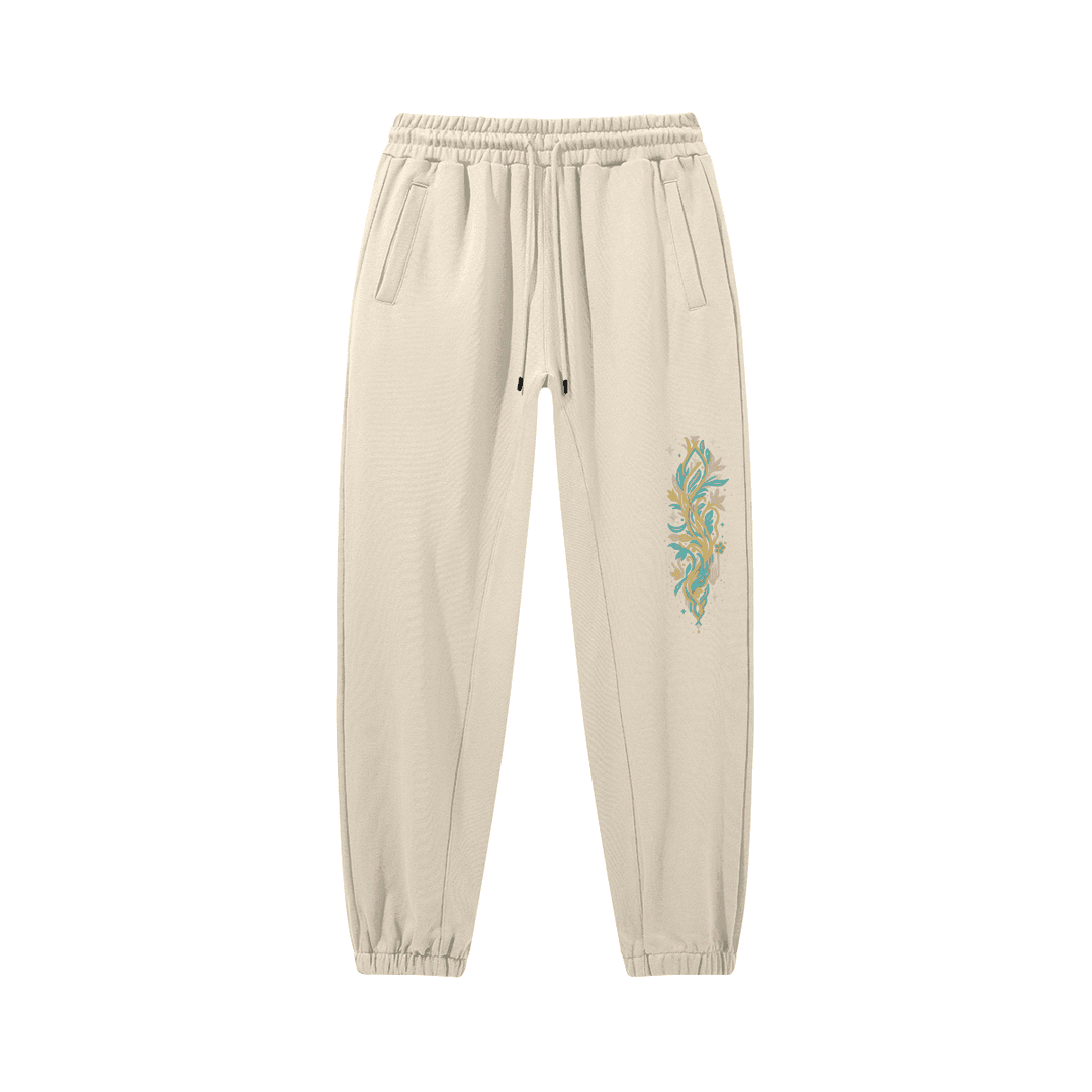 Flora embroidered sweatpants front view in moon mist with floral leg embroidery