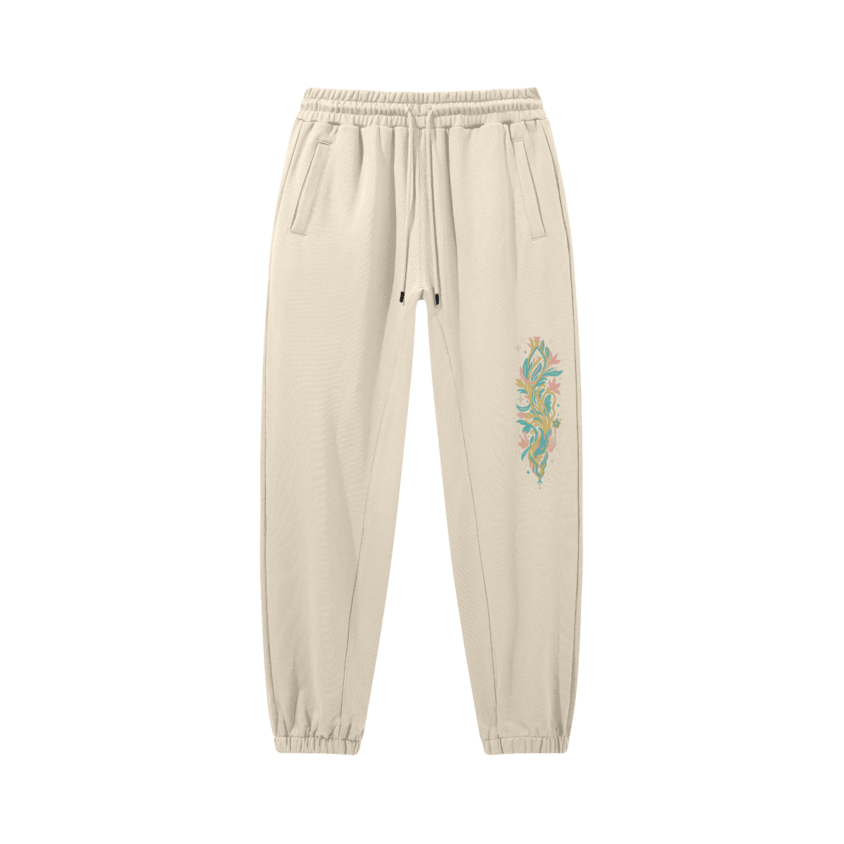 Flora embroidered sweatpants front view in moon mist with floral leg embroidery