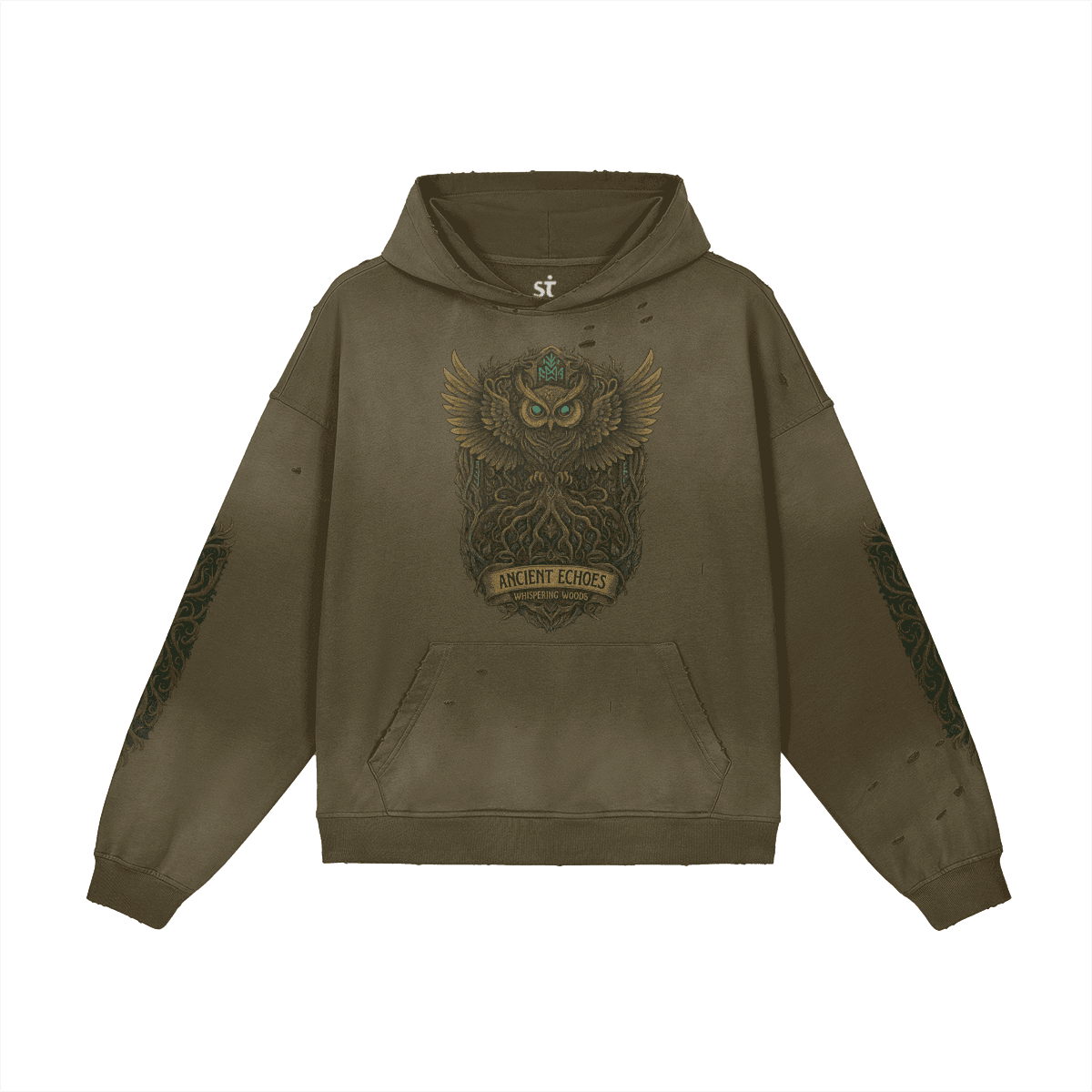 Forest Sentinel oversized graphic hoodie front view in washed green with owl DTG print
