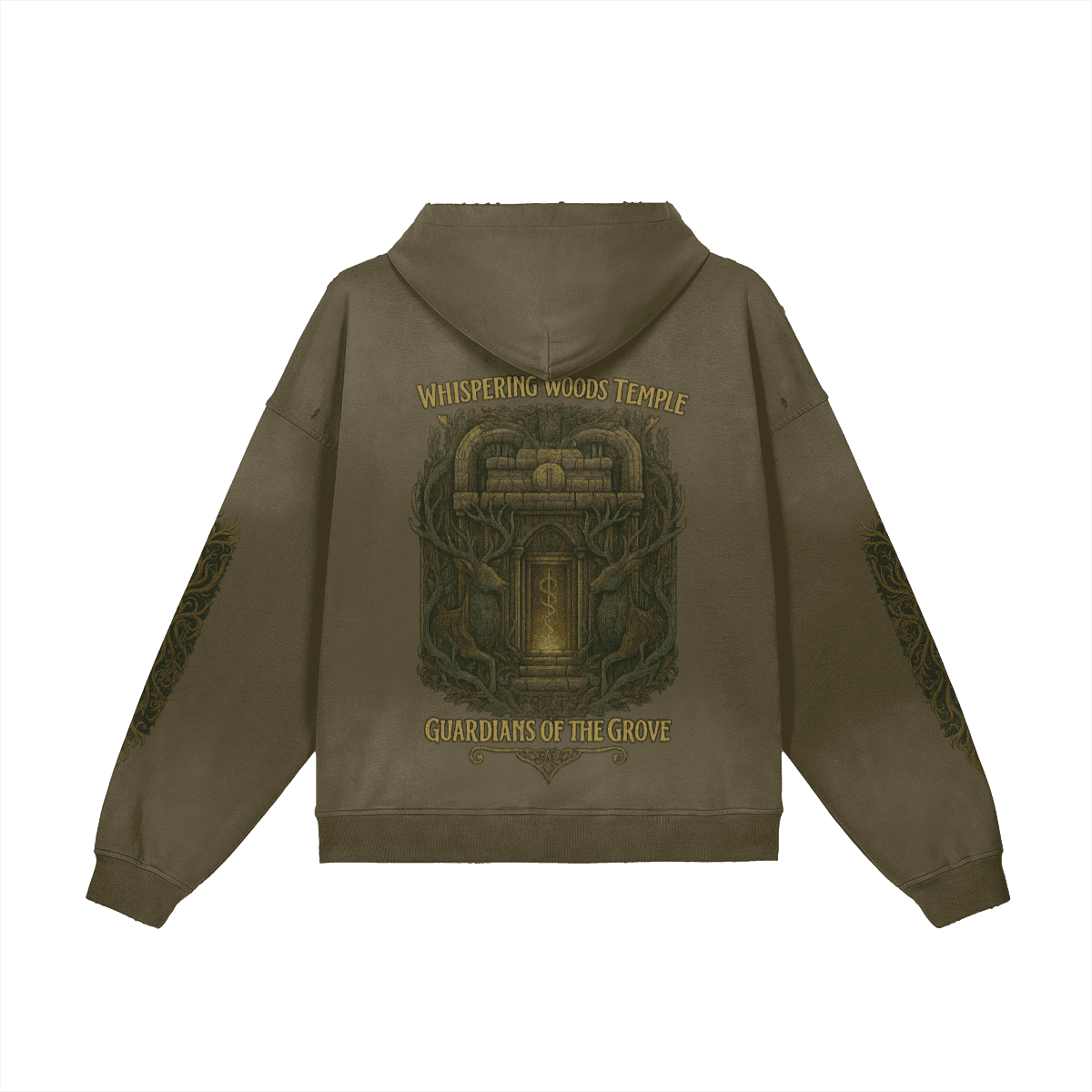 Forest Sentinel oversized graphic hoodie back view in washed green with temple DTG print