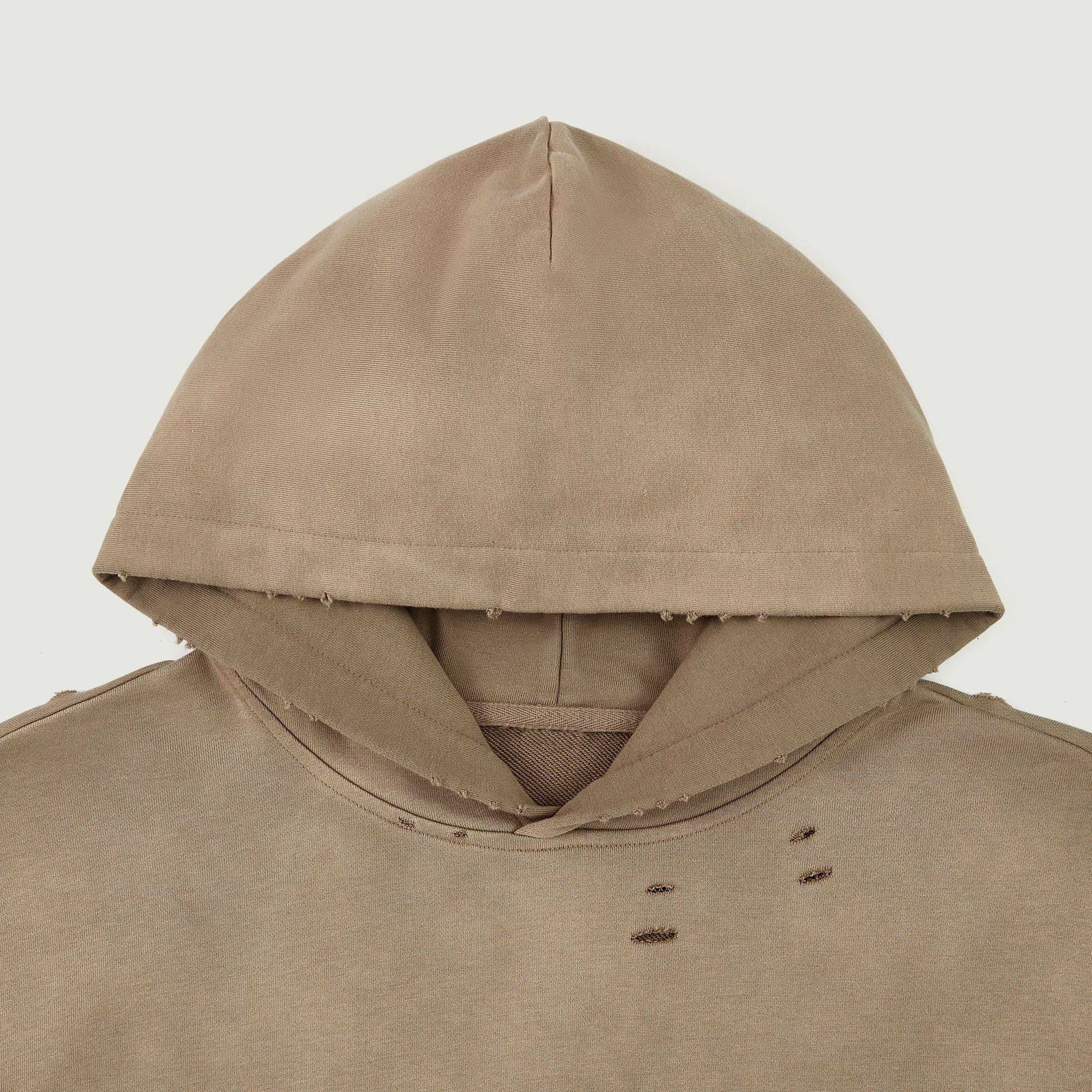 Forest Sentinel oversized graphic hoodie hood close-up with distressed edge detail