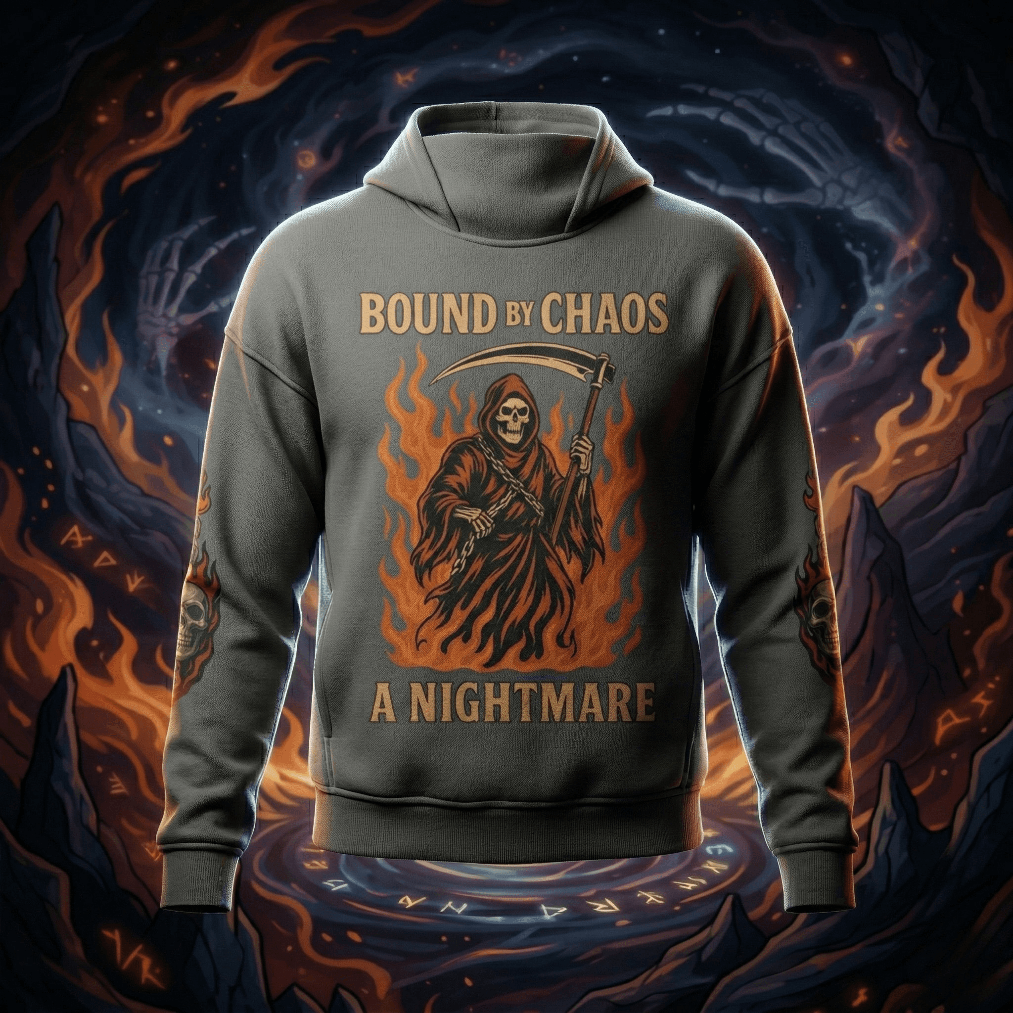 HELLCHAIN Oversized Graphic Hoodie – 100% Cotton Grey Washed Pullover
