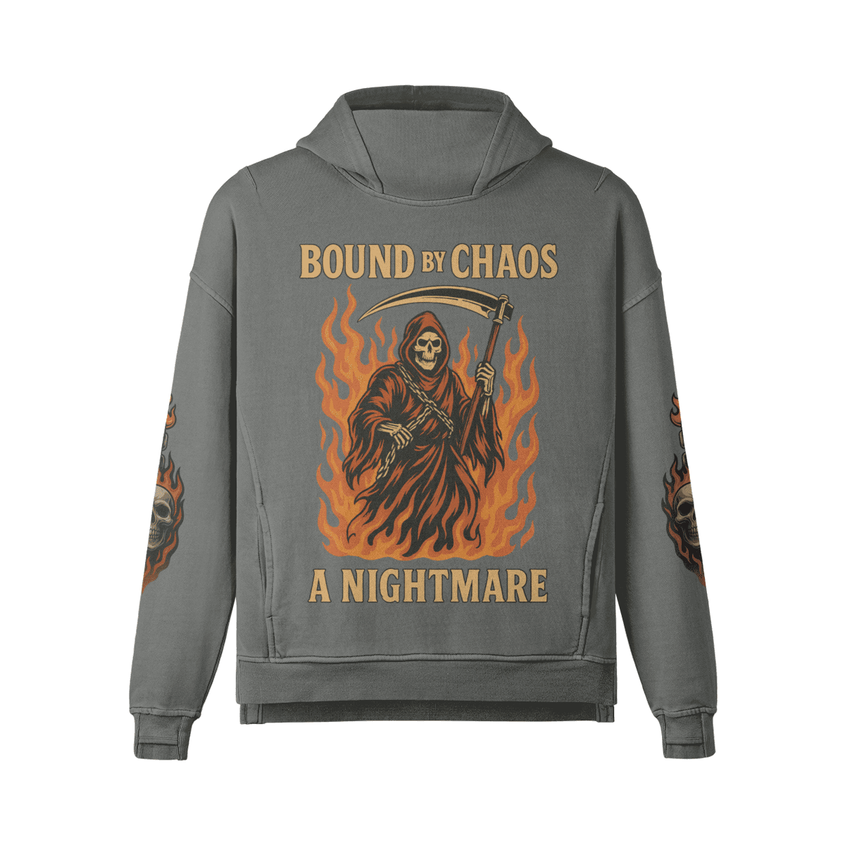 HELLCHAIN oversized graphic hoodie front view in washed grey with grim reaper DTG print
