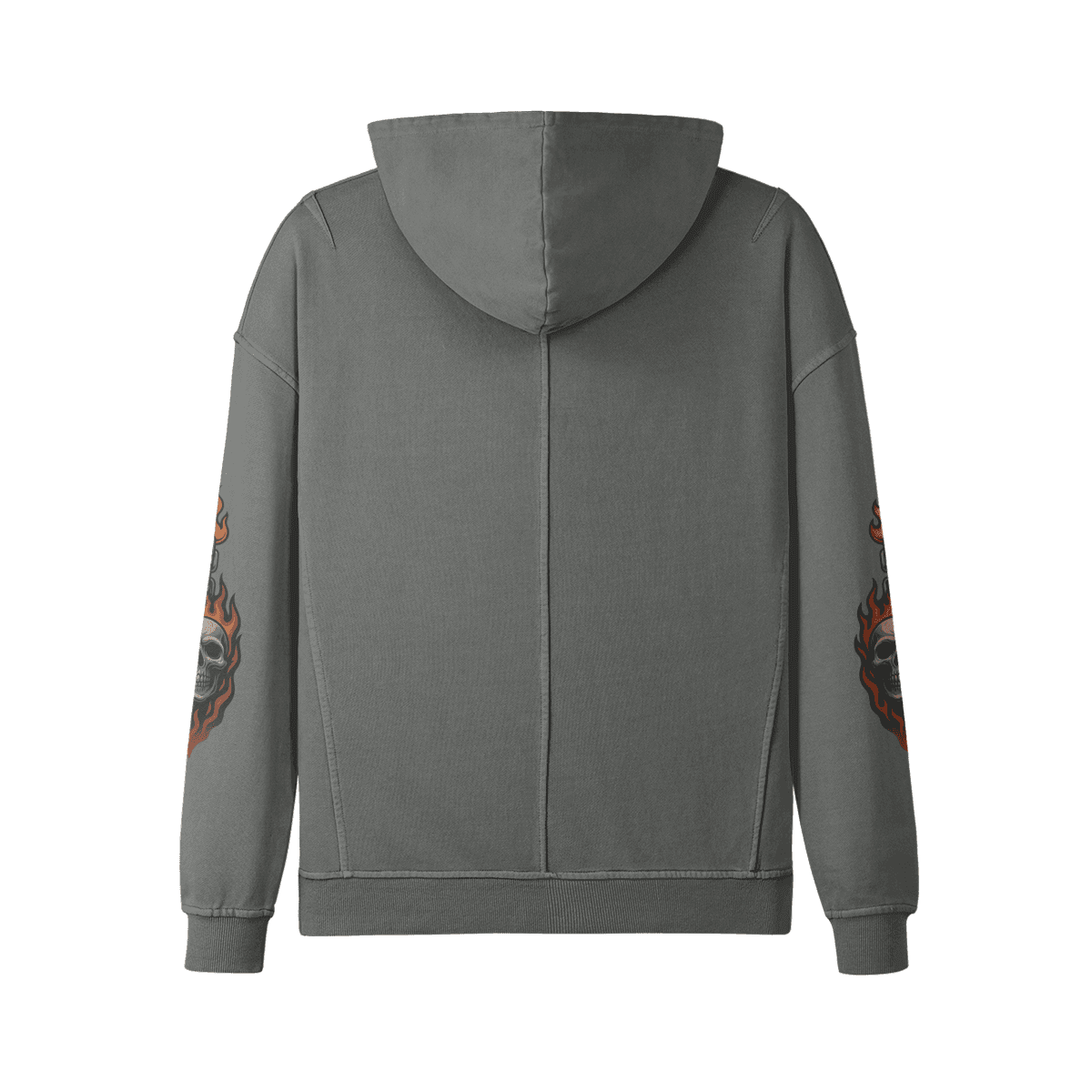 HELLCHAIN oversized graphic hoodie back view in washed grey with sleeve DTG prints