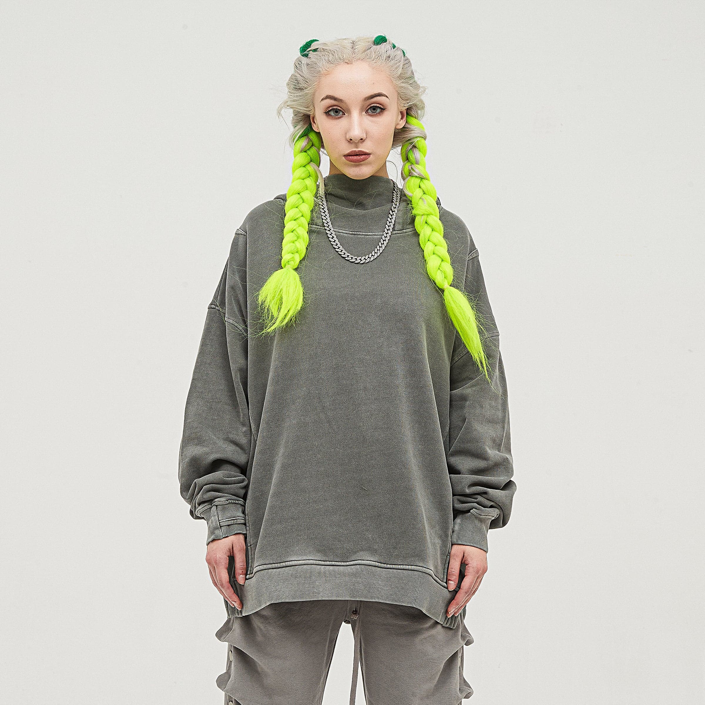 HELLCHAIN oversized graphic hoodie female model front fit view