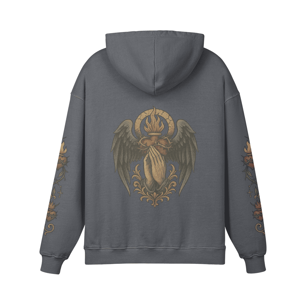 mercy oversized graphic hoodie back view with angel wings and praying hands artwork