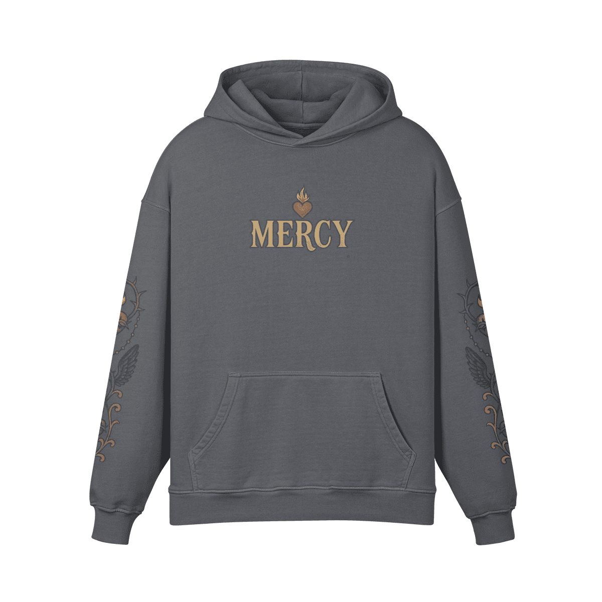 mercy oversized graphic hoodie front view with chest print and sleeve graphics