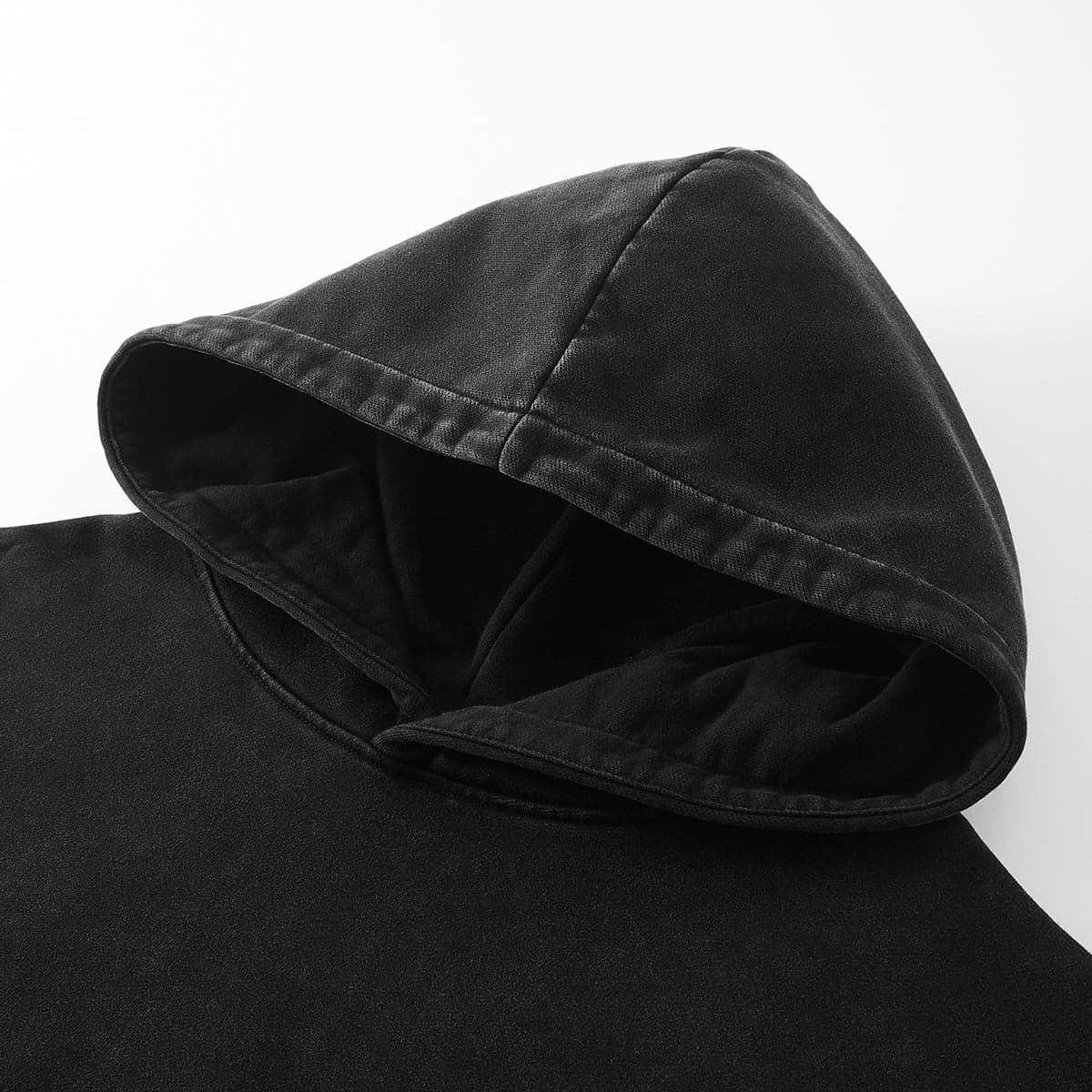 washed black hoodie hood close up detail